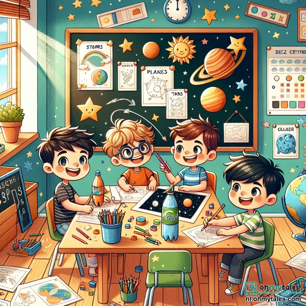 Illustratie van een kleurrijk en uitnodigend klaslokaal, met muren versierd met tekeningen van sterren en planeten. In het midden staat een groot schoolbord waarop de leraar informatie over de ruimte schrijft. In de scène zijn vier jongens van ongeveer negen jaar oud rondom een tafel verzameld. Een van hen, met bruin haar en een bril, tekent planeten op een vel papier. Een ander, met blond en krullend haar, houdt een frisdrankfles vast die is omgevormd tot een raket, met een enthousiaste glimlach. De derde, met zwart haar en een pet, bladert door een boek over sterren, met nieuwsgierige ogen. De laatste, met kastanjebruin haar en een gestreept t-shirt, kijkt bewonderend naar zijn vriend die aan het tekenen is. De hoofdscène toont de jongens die zich voorbereiden op hun project over de ruimte, ideeën uitwisselend en samen lachend, wat vriendschap en samenwerking illustreert. Extra elementen zijn kleurpotloden verspreid over de tafel, een globe naast hen, en een raam dat zonlicht binnenlaat, wat een vrolijke en creatieve sfeer aan de hele scène toevoegt.