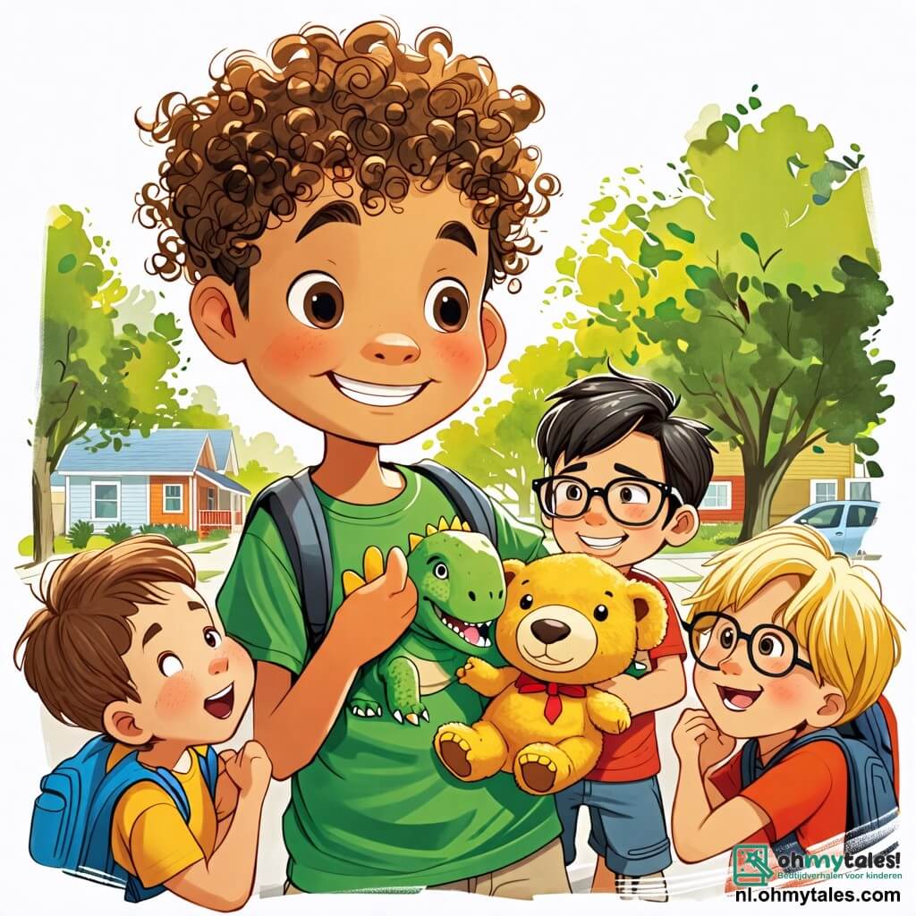 Une illustration sous forme de dessin destinée aux enfants représentant une cour d'école ensoleillée, avec un garçon de 7 ans aux cheveux bruns et bouclés, portant un T-shirt vert avec une grande dinosaur, tenant une petite teddy bear dans ses bras, entouré de ses amis, dont un garçon aux cheveux blonds et un autre avec des lunettes, tous deux souriants et jouant ensemble, tandis qu'un autre garçon, avec des cheveux noirs et un regard moqueur, les observe de loin, illustrant ainsi la dynamique de l'amitié et du harcèlement à l'école.
