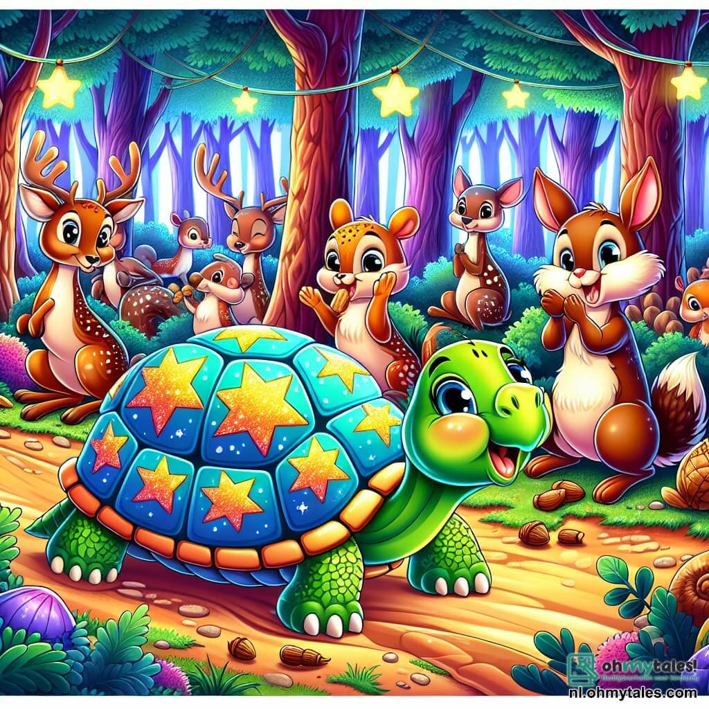 Une illustration sous forme de dessin destinée aux enfants représentant une scène colorée dans une forêt enchantée, où une tortue à la carapace brillante et étoilée chante joyeusement en marchant lentement vers la ligne d'arrivée d'une course, entourée de ses amis : un eekhoorn aux yeux pétillants grignotant une noisette et un lapin aux grandes oreilles qui applaudit avec enthousiasme, tandis que d'autres animaux, comme des cerfs et des écureuils, s'arrêtent pour les regarder avec des sourires amusés, capturant l'esprit de camaraderie et de plaisir dans cette aventure ludique.