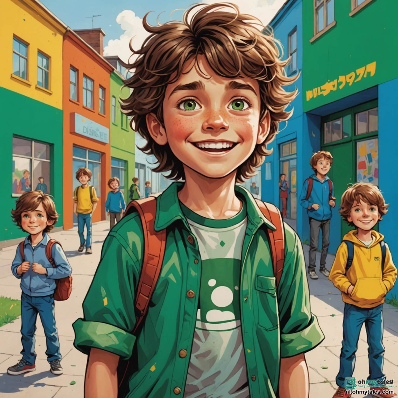Une illustration destinée aux enfants représentant un garçon aux cheveux bruns en bataille, dont les yeux verts brillent d'une lueur d'espoir malgré la tristesse qui l'habite, se tenant dans une cour d'école animée, entourée de murs peints de couleurs vives, où des enfants rient et jouent, mais où lui, isolé et mal à l'aise, ressent le poids des moqueries lancées par un groupe de garçons aux visages souriants mais cruels, tandis qu'une fille au sourire chaleureux, avec de longues tresses, observe la scène de loin, prête à tendre la main pour l'aider à surmonter le harcèlement qui l'atteint, dans ce lieu vibrant de vie où les rires résonnent mais où la solitude peut parfois se faire sentir.