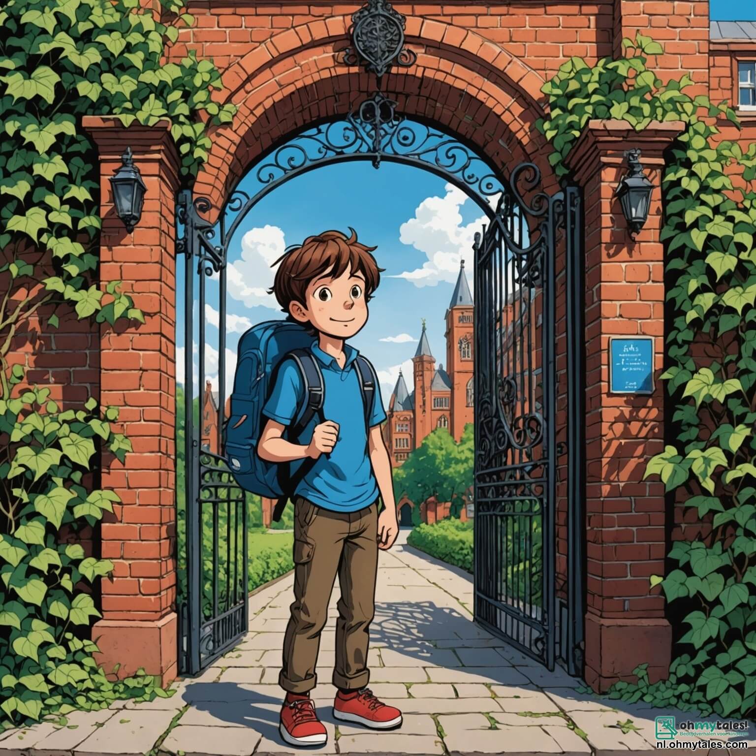 Une illustration destinée aux enfants représentant un garçon aux cheveux châtains ébouriffés, les yeux pétillants d'excitation et d'appréhension, debout devant l'immense portail en fer forgé de son école, où les murs de briques rouges, ornés de lierre grimpant, se dressent majestueusement sous un ciel bleu azur, tandis qu'il serre son sac à dos rempli de fournitures scolaires, prêt à affronter la rentrée des classes, entouré de ses amis, une fille aux couettes blondes qui rit aux éclats et un garçon aux lunettes rondes qui feuillette nerveusement son emploi du temps, tous trois impatients de découvrir les nouvelles aventures qui les attendent dans cette cour animée, où les cris joyeux des enfants résonnent et où les arbres majestueux offrent une ombre bienfaisante.