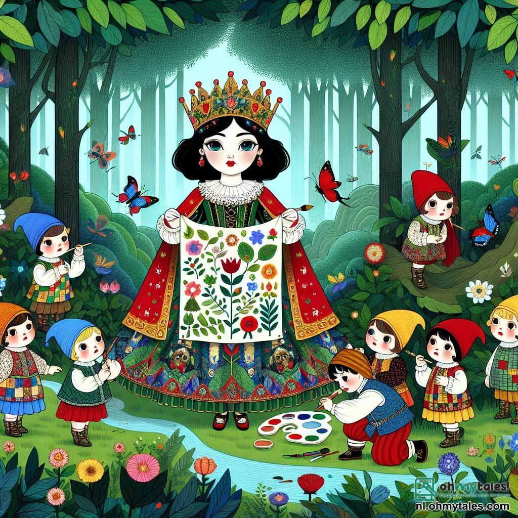 Une illustration sous forme de dessin destinée aux enfants représentant une forêt enchantée, avec des arbres majestueux aux feuilles verdoyantes et des fleurs colorées, au centre une jeune fille au teint de porcelaine, aux cheveux noirs comme l'ébène et aux lèvres rouges comme une rose, tenant un grand spandoek coloré avec un message de protection de la nature, entourée de sept petits hommes joyeux, chacun portant des chapeaux colorés et des vêtements en patchwork, qui l'aident à peindre des images de fleurs et d'animaux sur le spandoek, alors qu'ils s'apprêtent à convaincre un roi au visage préoccupé, vêtu d'une robe royale, de prendre soin de la forêt et de ses habitants.