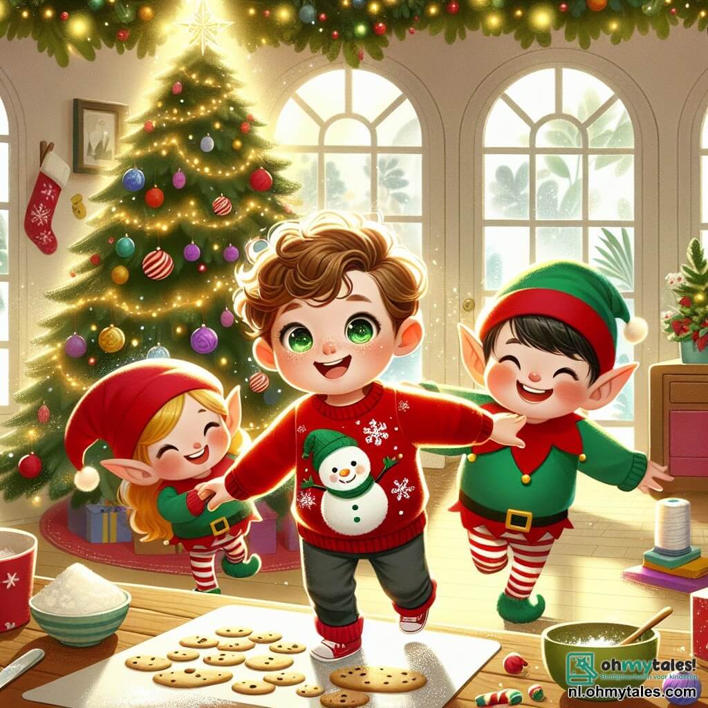 Une illustration sous forme de dessin destinée aux enfants représentant une chaleureuse salle de séjour décorée pour Noël, avec une grande et scintillante arbre de Noël au centre, un garçon de 3 ans aux cheveux bouclés et aux yeux pétillants, vêtu d'un pull rouge avec un bonhomme de neige, qui danse joyeusement avec des elfes aux costumes colorés, aux oreilles pointues et souriants, alors qu'ils préparent des cookies sur une table remplie de farine et de décorations festives, le tout baigné dans une douce lumière dorée, évoquant la magie et la joie de Noël.
