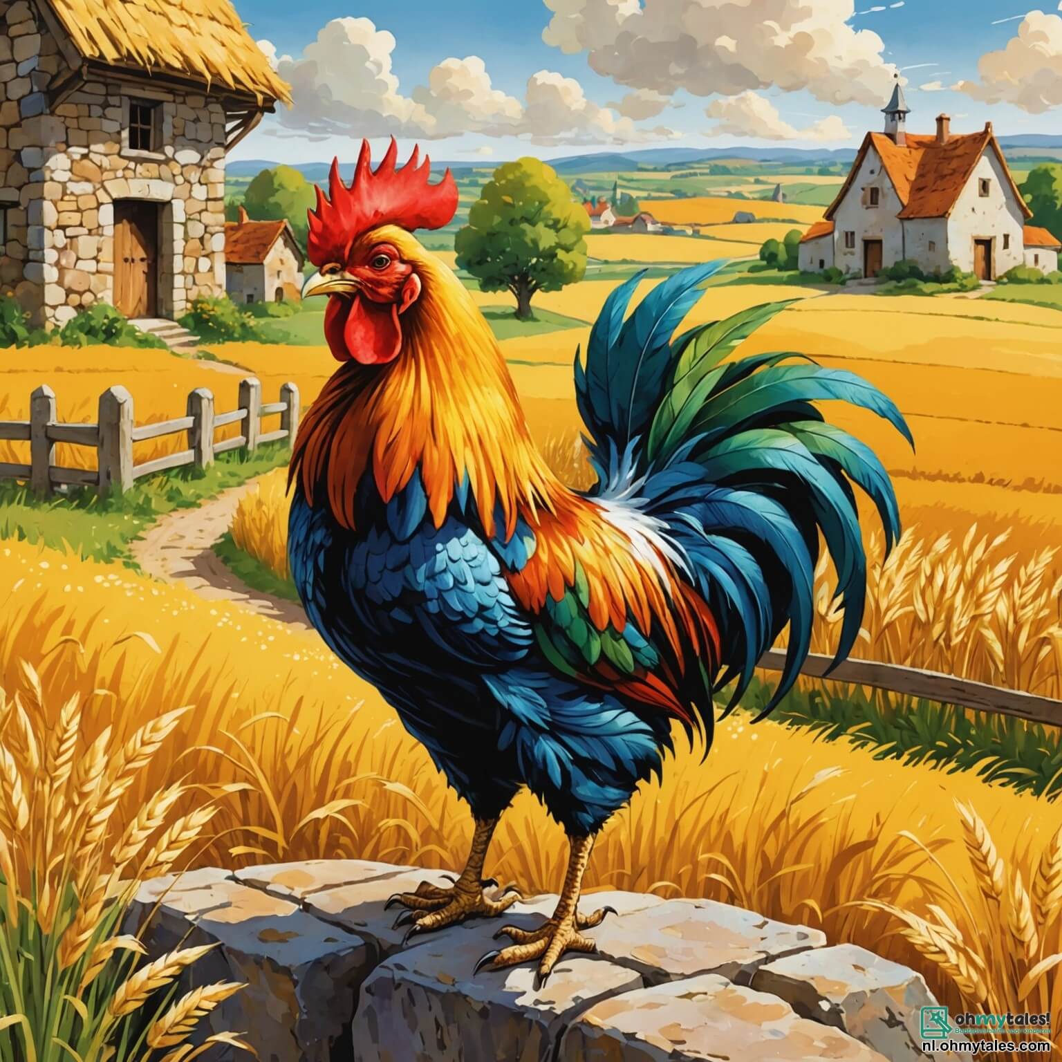 Une illustration destinée aux enfants représentant un coq flamboyant aux plumes éclatantes comme un arc-en-ciel, se tenant fièrement sur un muret en pierre usée, entouré de champs dorés de blé ondulant sous la brise légère, tandis qu'il appelle à l'aventure ses amis, une paire de canards aux plumes blanches et jaunes, curieux et un peu endormis, dans le charmant village pittoresque de Klokkerland, où les maisons colorées aux volets en bois et aux toits en tuiles brillantes se dressent sous un ciel bleu azur parsemé de nuages cotonneux, prêt à découvrir le mystère de la Glibberige Poel, un endroit mystérieux et glissant, rempli de rires et de surprises.