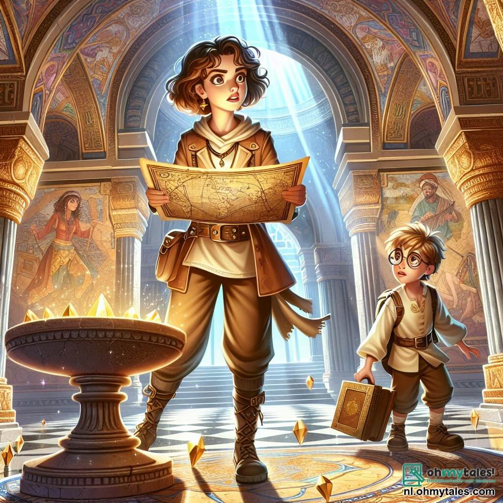 Illustratie van een grote zaal in een oude tempel, met muren versierd met prachtige kleurrijke fresco's die legenden van oude ontdekkingsreizigers vertellen. In het midden staat een dappere vrouw met bruin, krullend haar, gekleed in een avonturiers tuniek en praktische broek, voor een stenen voetstuk, met glinsterende ogen van opwinding. Ze houdt een oude kaart in haar handen en bestudeert aandachtig de mysterieuze inscripties. Naast haar staat een jongen van ongeveer tien jaar met ronde bril en wild blond haar, die nieuwsgierig observeert terwijl hij een open boek vasthoudt dat een gouden licht uitstraalt. De scène straalt een sfeer van avontuur en ontdekking uit, met stralen licht die door de ingang van de tempel filteren en fonkelende kristallen op de vloer verlichten. Schaduwen dansen op de muren en voegen een vleugje mysterie toe aan deze fascinerende verkenning.