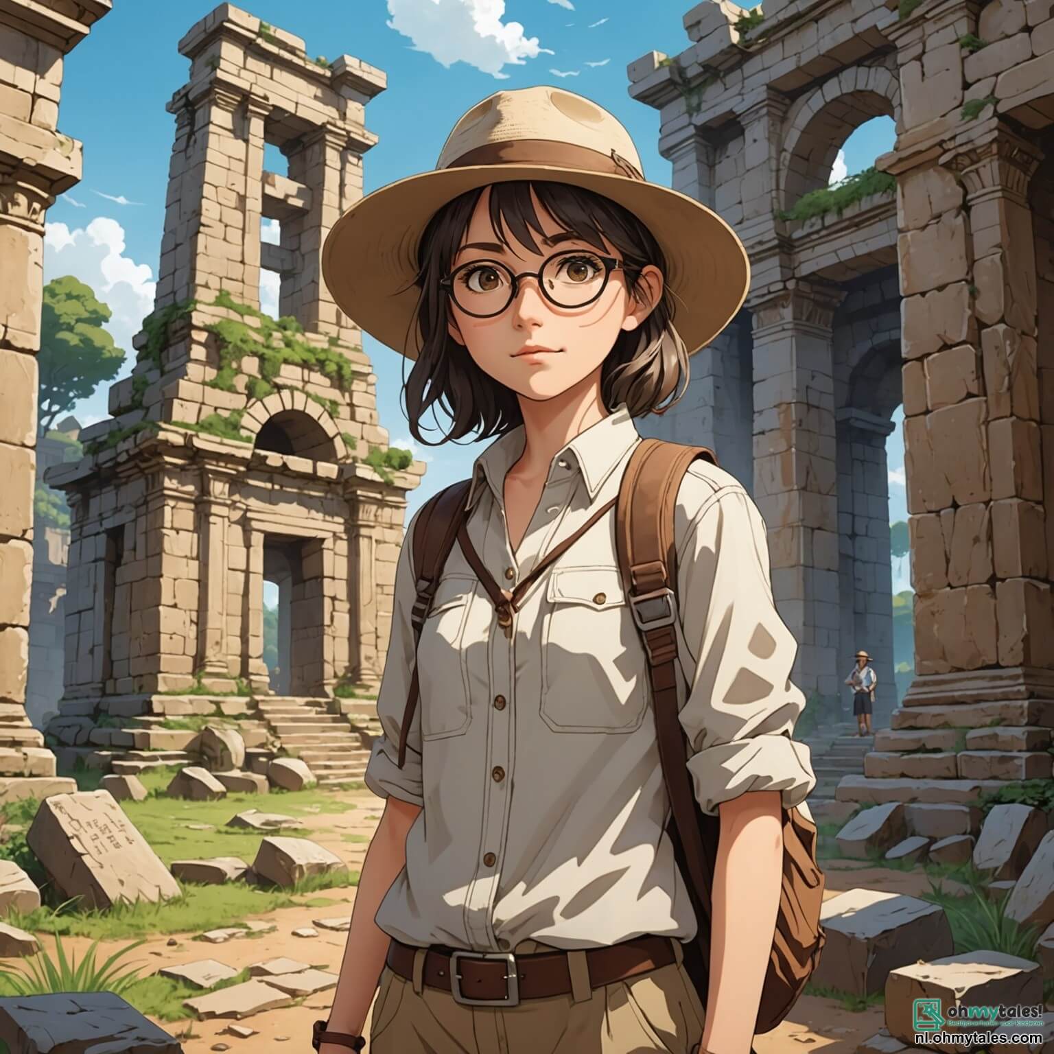 Une illustration destinée aux enfants représentant une archéologue intrépide, une femme à la chevelure ébouriffée et aux lunettes rondes, vêtue d'une chemise en toile et d'un chapeau large, se tenant fièrement devant les ruines d'une ancienne temple en pierre, où des inscriptions mystérieuses et des sculptures érodées racontent des histoires oubliées, tandis qu'à ses côtés, un jeune garçon aux yeux pétillants et à l'enthousiasme contagieux, son voisin curieux, l'accompagne dans sa quête palpitante de trésors enfouis, dans un décor enchanteur de verdure luxuriante et de ciel azur, où le doux murmure du vent fait danser les feuilles des arbres majestueux.
