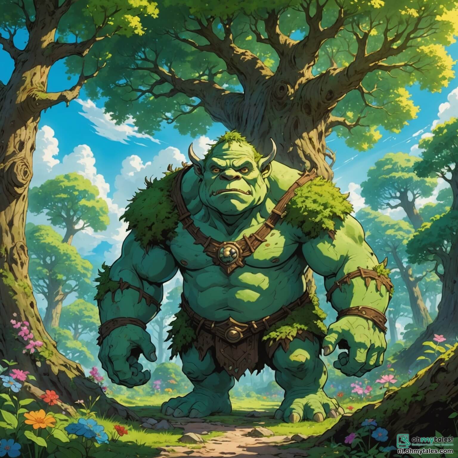 Une illustration destinée aux enfants représentant un ogre au teint verdâtre, avec une peau rugueuse comme l'écorce d'un vieux chêne et des yeux brillants comme des émeraudes, se tenant au cœur d'une forêt enchantée où les arbres majestueux aux troncs noueux s'élèvent vers un ciel d'azur parsemé de nuages cotonneux, tandis que des rayons de soleil filtrent à travers le feuillage dense, illuminant des fleurs colorées qui dansent doucement au gré du vent, alors que cet ogre, bien que grand et imposant, porte un sourire chaleureux, cherchant à se faire des amis parmi un groupe d'enfants courageux, dont une fille aux cheveux dorés et aux yeux pétillants de curiosité, ainsi qu'un garçon espiègle aux boucles brunes et au rire contagieux, tous deux déterminés à découvrir les mystères de la forêt et à aider leur nouvel ami à surmonter sa solitude.