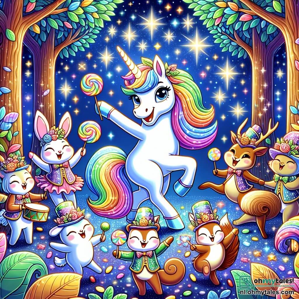 Une illustration sous forme de dessin destinée aux enfants représentant un vaste et coloré Sprookjesbos, rempli d'arbres aux feuilles scintillantes et de fleurs dansantes, au centre de laquelle se trouve une licorne brillante à la crinière arc-en-ciel, joyeusement en train de danser et de chanter avec un groupe de petits animaux rigolos, dont un lapin aux grandes oreilles portant un chapeau festif et un écureuil malicieux tenant un tambour, alors qu'ils célèbrent un grand festin de bonbons sous un ciel étoilé, illustrant l'esprit de camaraderie et de joie de l'aventure.