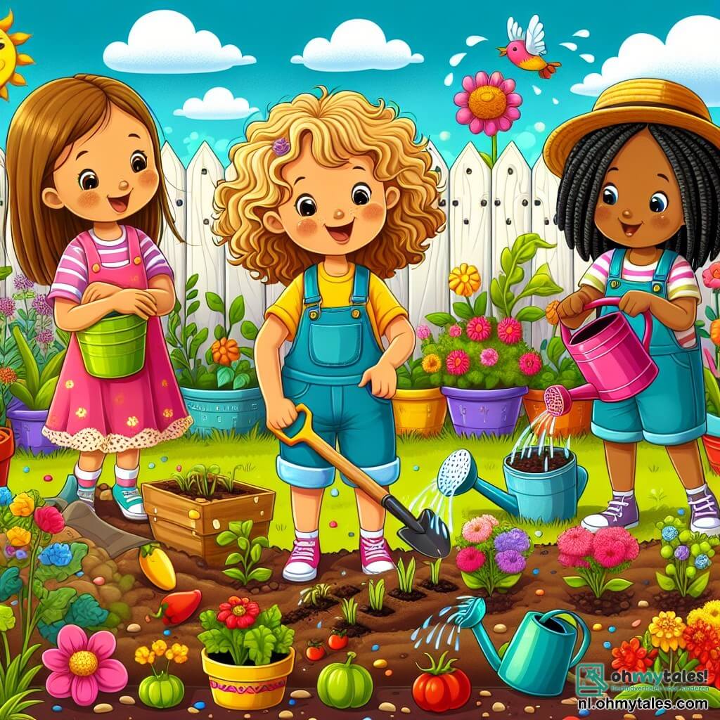Illustratie van een mooie zonnige dag in een kleurrijke achtertuin, vol met stralende bloemen en groene groenten. In het midden zijn vier jonge meisjes, ongeveer zeven jaar oud, bezig met het planten van zaden in de grond. Een van hen, met krullend blond haar, draagt een roze jurk en glimlacht vrolijk terwijl ze een kleine schep vasthoudt. Naast haar staat een meisje met glad bruin haar, gekleed in een gele t-shirt, die de planten water geeft met een gekleurde gieter. Een ander meisje, met zwarte vlechten en een blauwe overall, observeert aandachtig de zaden die ze net heeft geplant, terwijl de laatste, met rood haar en een strohoed, de voortgang in een notitieboekje noteert. Op de achtergrond zijn tuingereedschap, kleurrijke potten en een blauwe lucht met enkele witte wolken te zien, wat een vrolijke en levendige sfeer creëert.