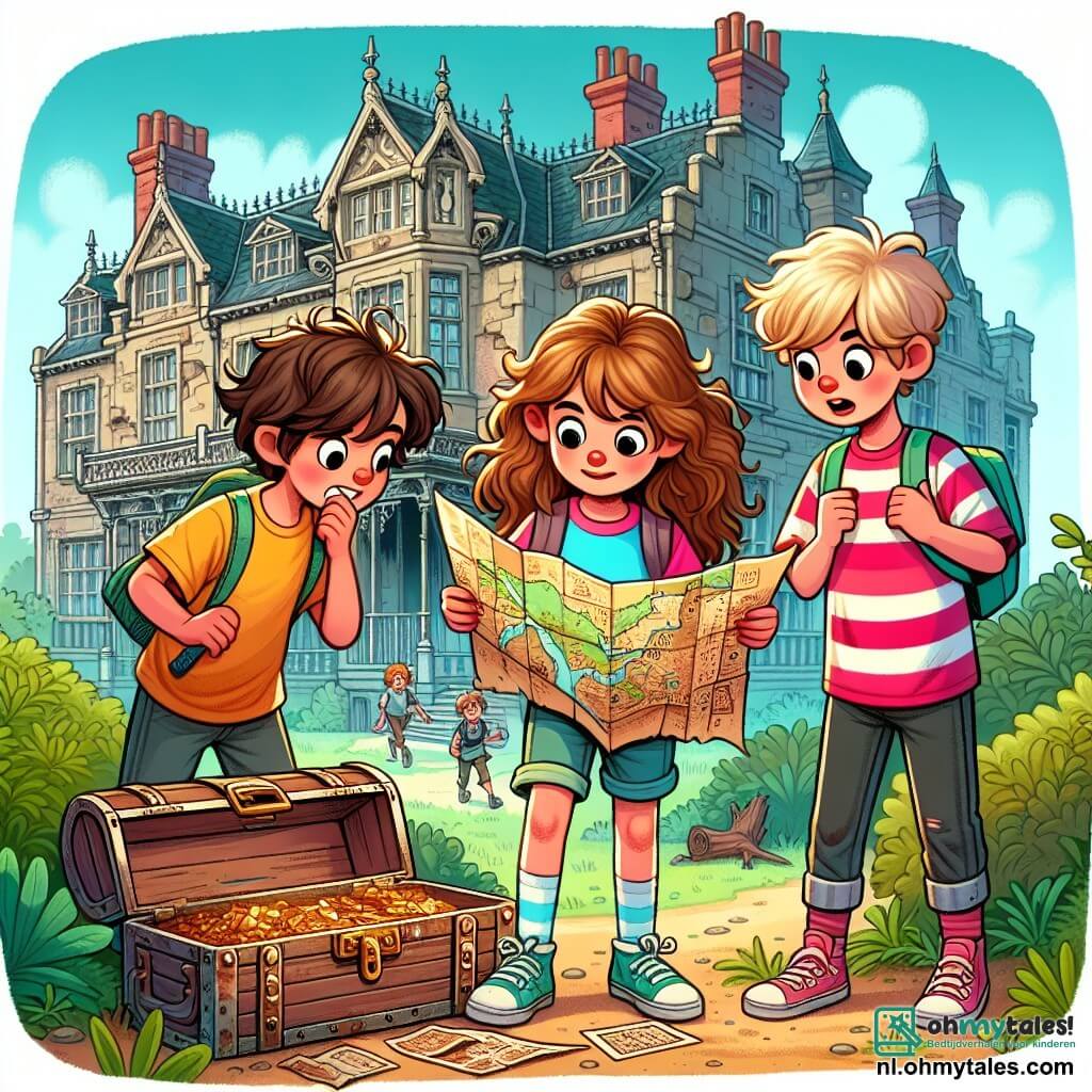Une illustration sous forme de dessin destinée aux enfants représentant une vieille villa abandonnée, avec des murs décrépis et des fenêtres brisées, où une fille de 11 ans aux cheveux châtains et bouclés, portant un t-shirt coloré et un short, examine avec curiosité une carte au trésor, tandis qu'à ses côtés, deux garçons aux cheveux blonds et bruns, l'un en t-shirt rayé et l'autre en chemise à carreaux, scrutent attentivement une vieille kiste poussiéreuse, tous trois plongés dans une aventure palpitante à la recherche d'une mystérieuse cachette de trésor.