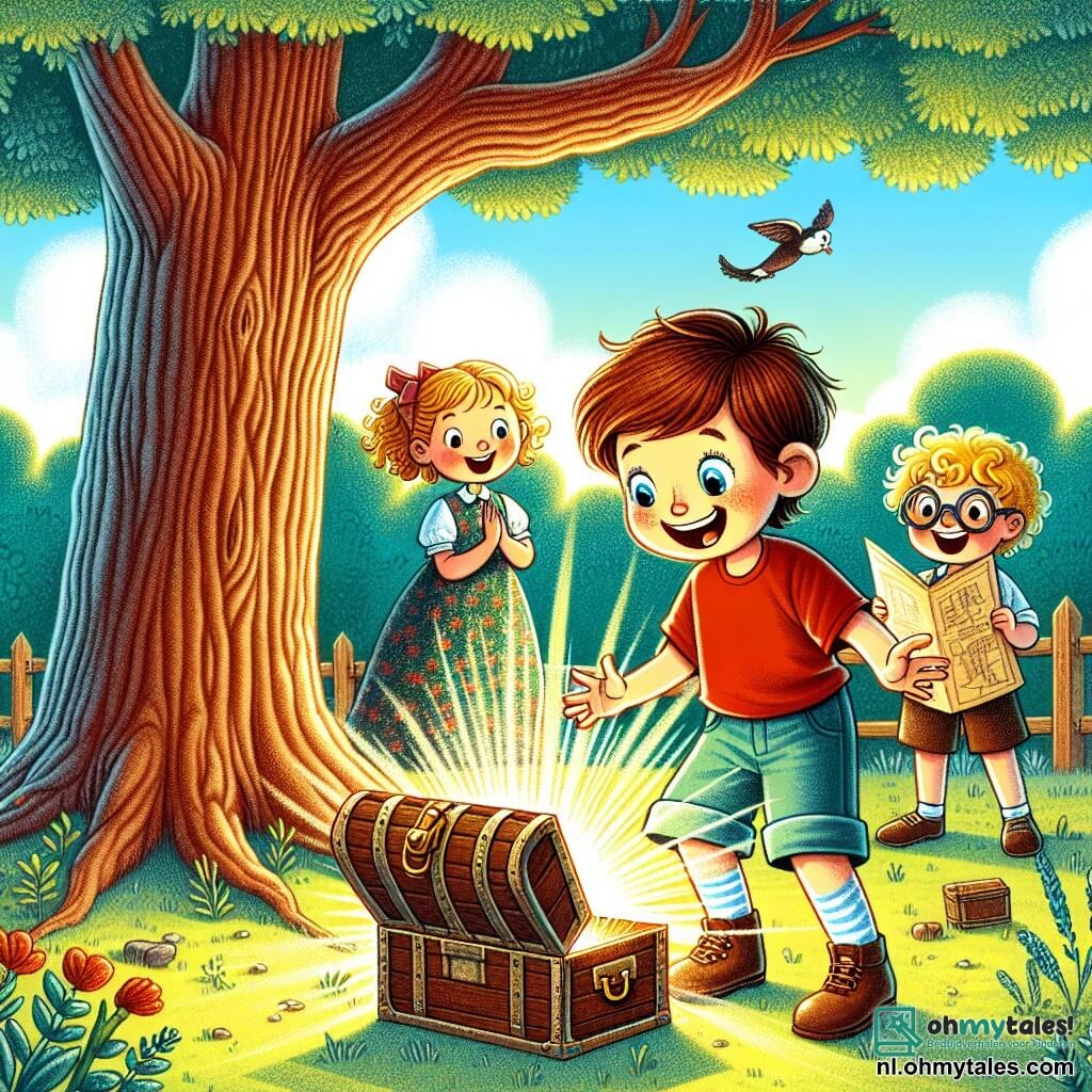 Une illustration sous forme de dessin destinée aux enfants représentant une scène ensoleillée dans une cour d'école avec une grande vieille arbre au centre, où un garçon de 9 ans aux cheveux châtains et aux yeux pétillants, vêtu d'un t-shirt rouge et d'un short bleu, est en train de déterrer une vieille boîte en bois avec ses deux amis : une fille aux cheveux bouclés et blonds, portant une robe à fleurs, qui regarde avec émerveillement, et un garçon aux cheveux bruns et aux lunettes, qui tient une carte au trésor, tous trois remplis d'excitation et de curiosité alors qu'ils découvrent une mystérieuse cachette pleine de trésors.