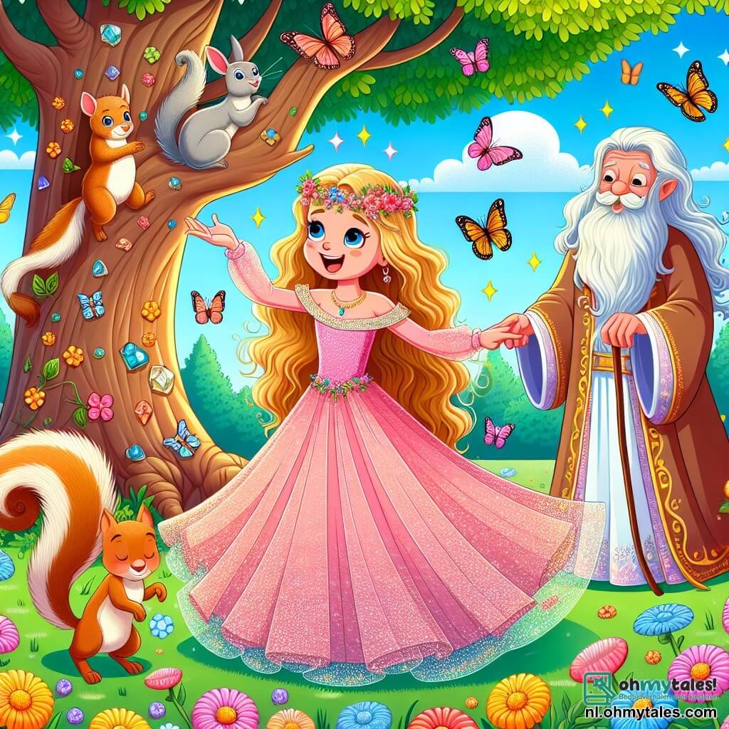 Illustratie van een prachtige koninklijke tuin, vol met kleurrijke bloemen en majestueuze grote bomen. In het midden staat een prinses met lange gouden haren, gekleed in een sprankelende roze jurk, met een stralende glimlach op haar gezicht. Ze wordt omringd door vlinders die om haar heen dansen, terwijl ze haar hand uitsteekt naar een ondeugend eekhoorntje dat in een boom klimt. Dichtbij staat een oude man met een lange witte baard en een tovenaarsrobe, die de scène met een welwillende blik observeert, terwijl hij een staf met edelstenen vasthoudt. De prinses lijkt vol vastberadenheid, klaar om op avontuur te gaan, terwijl de tovenaar haar wijze raad geeft. Op de achtergrond is de lucht blauw en zonnig, wat een vrolijke en magische sfeer aan deze betoverde scène toevoegt.