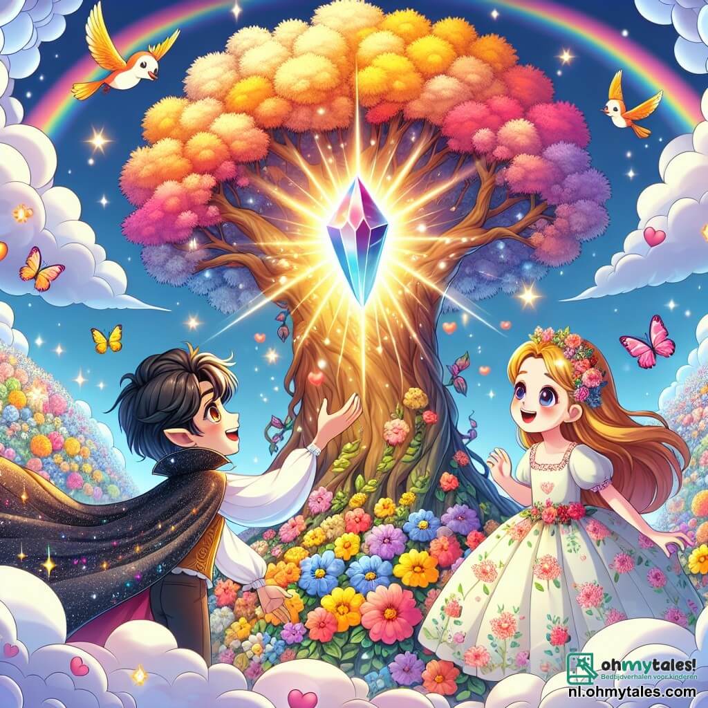 Illustratie van een prachtig luchtkoninkrijk, gevuld met kleurrijke bloemen in stralende regenboogtinten, zwevend tussen pluizige en fonkelende wolken. In het midden staat een grote majestueuze boom met een gouden stam en glanzende bladeren, waar een magische kristal fel straalt. Een vriendelijke vampier, met een glanzende zwarte cape en nieuwsgierige ogen, staat naast de boom. Hij heeft zwart, glad haar en een warme glimlach die zijn gezicht verlicht. Hij steekt zijn hand uit naar de kristal, klaar om zijn magie te delen. Naast hem staat een klein meisje van ongeveer acht jaar, met lange blonde haren en stralende ogen, dat de vampier met verwondering aankijkt. Ze draagt een lichte jurk met bloemenpatronen en lijkt vol enthousiasme, klaar om de magische wereld om haar heen te ontdekken. De scène toont de vampier en het meisje die een magisch moment delen, terwijl ze zich concentreren op de kristal, omringd door een stralend licht dat magie en vriendschap symboliseert. Kleurrijke vogels vliegen om hen heen en voegen een vleugje leven en vreugde toe aan deze betoverende illustratie.