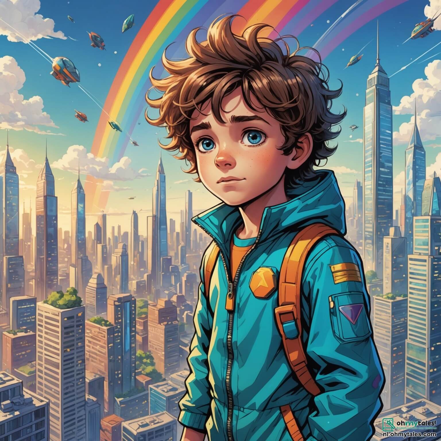 Une illustration destinée aux enfants représentant un garçon aux cheveux ébouriffés et aux yeux pétillants de curiosité, vêtu d'une combinaison futuriste aux couleurs vives, se tenant devant la majestueuse ville de Glimtopia, où des gratte-ciels en verre scintillant s'élèvent vers le ciel comme des flèches arc-en-ciel, tandis que des véhicules flottants glissent silencieusement entre les nuages, et où il se lance dans une quête palpitante pour découvrir les mystères cachés de cette métropole éclatante, accompagné d'un vieux sage au regard bienveillant et d'un petit robot aux formes arrondies qui l'aide à naviguer dans ce monde fascinant, tout en explorant les jardins suspendus et les parcs lumineux qui parsèment cette ville futuriste.