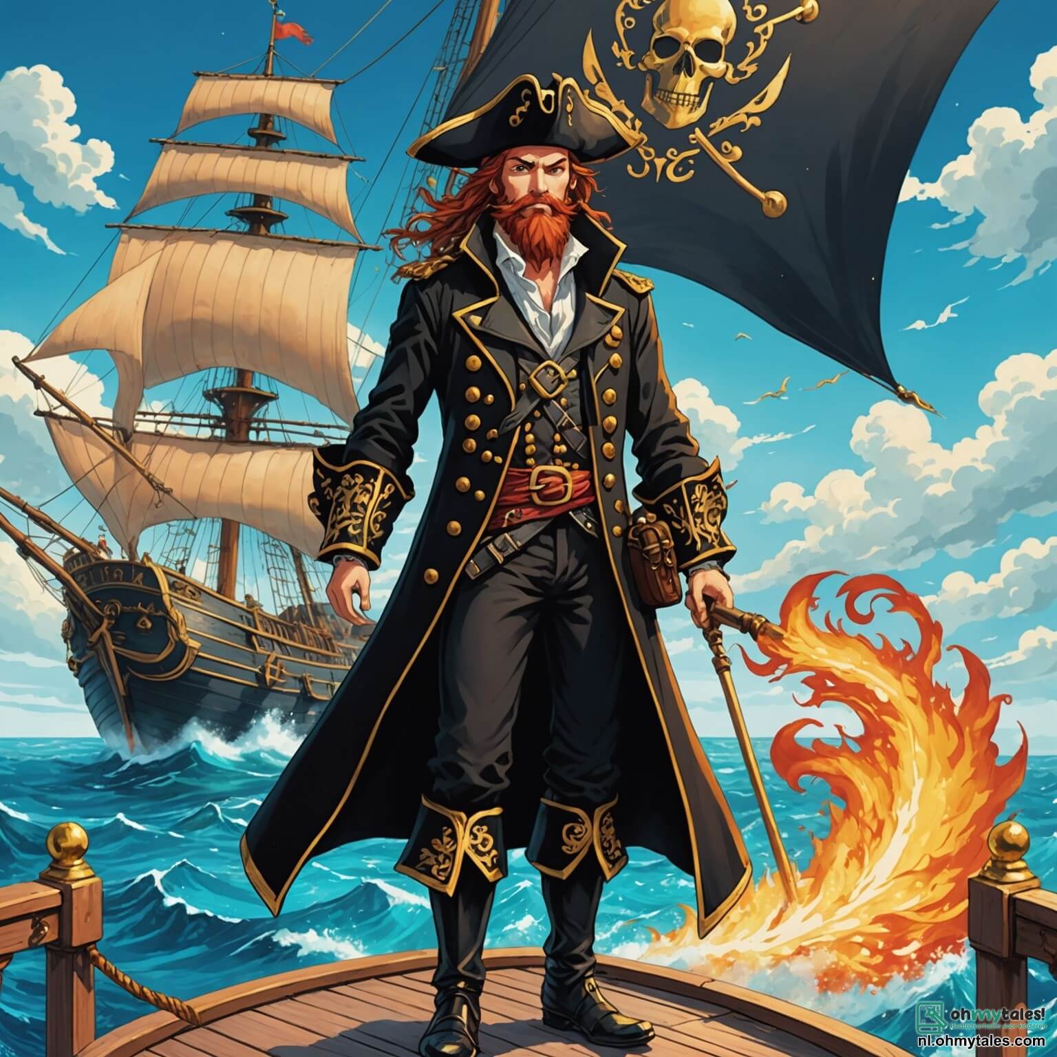 Une illustration destinée aux enfants représentant un audacieux pirate à la barbe flamboyante, vêtu d'un manteau noir orné de broderies dorées, se tenant fièrement sur le pont de son majestueux navire aux voiles noires, naviguant à travers des eaux turquoise scintillantes sous un ciel azur parsemé de nuages cotonneux, tandis qu'il rêve de découvrir une légendaire île remplie de trésors cachés, entouré de ses fidèles compagnons, un jeune homme au regard pétillant de détermination, toujours prêt à dégainer son épée, et une courageuse jeune fille à l'esprit vif, qui déchiffre des cartes anciennes avec une lueur d'excitation dans les yeux, le tout se déroulant sur l'horizon d'un monde marin mystérieux, où les vagues dansent et les mouettes crient, promettant des aventures palpitantes et des découvertes inoubliables.