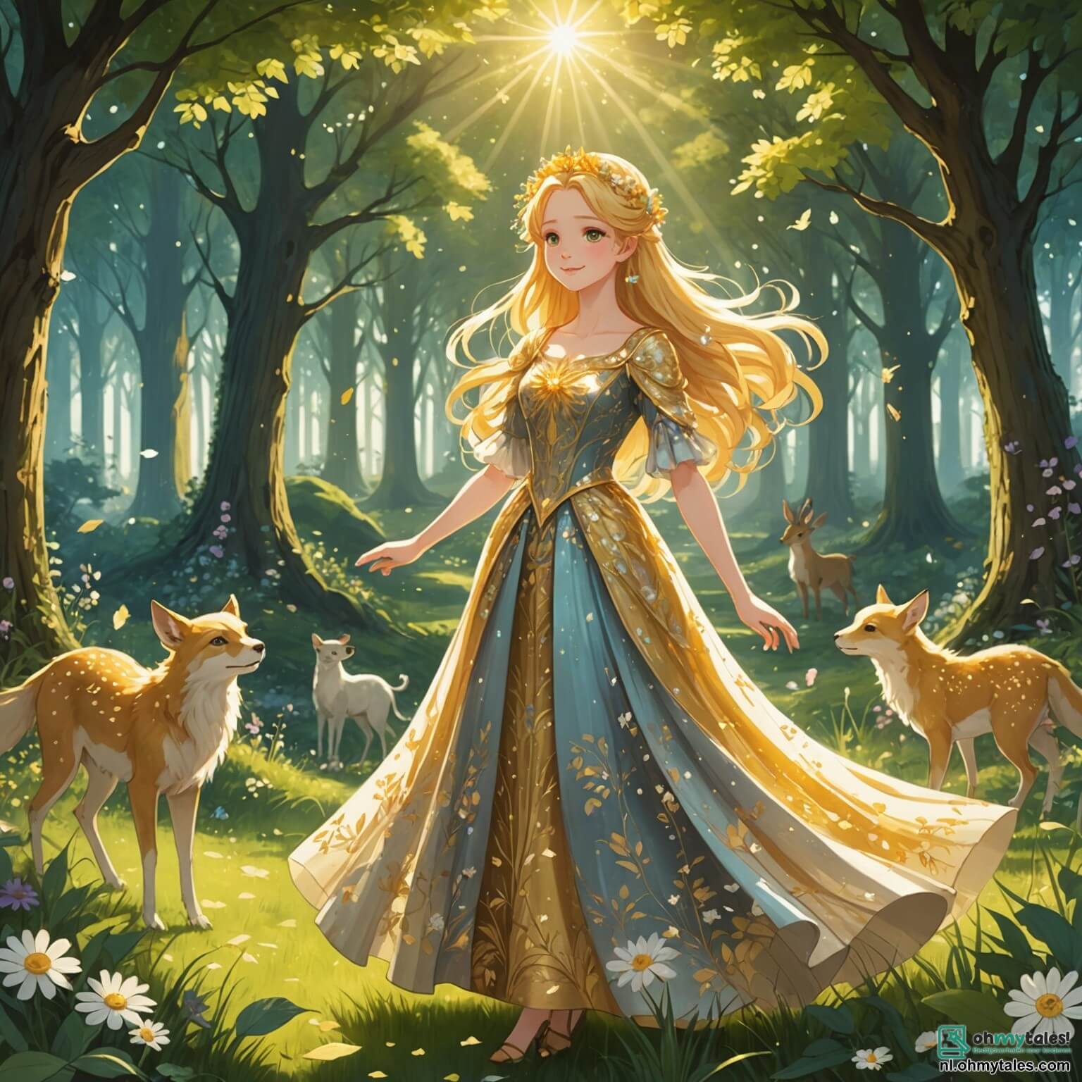 Une illustration destinée aux enfants représentant une femme à la chevelure dorée comme les rayons du soleil, vêtue d'une robe scintillante ornée de fleurs délicates, se tenant au bord d'une clairière enchantée où des arbres majestueux aux feuilles chatoyantes dansent sous la brise légère, entourée de créatures magiques telles qu'un petit garçon espiègle aux yeux pétillants qui s'amuse à faire des grimaces et une douce fée aux ailes translucides qui scintillent comme des étoiles, tandis qu'une rivière cristalline serpente à travers le paysage, reflétant les couleurs vives des fleurs sauvages qui bordent ses rives, alors qu'elle cherche à briser le sortilège qui a plongé son royaume dans un sommeil éternel.