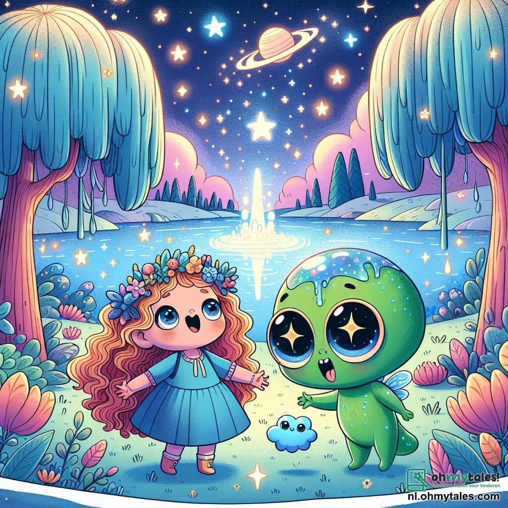 Une illustration sous forme de dessin destinée aux enfants représentant un paysage féerique sur la planète Glimora, avec des arbres colorés qui dansent dans le vent et des fleurs scintillantes, au premier plan une petite fille de 5 ans avec de longs cheveux bouclés et des yeux pétillants, vêtue d'une robe bleue, qui sourit émerveillée en tenant la main d'un petit extraterrestre vert aux grands yeux ronds et à la peau brillante, tandis qu'un gros nuage bleu et duveteux, nommé Blip, saute joyeusement à côté d'eux, alors qu'ils découvrent ensemble un lac étincelant qui reflète les étoiles, symbolisant leur aventure pour sauver les étoiles volées.