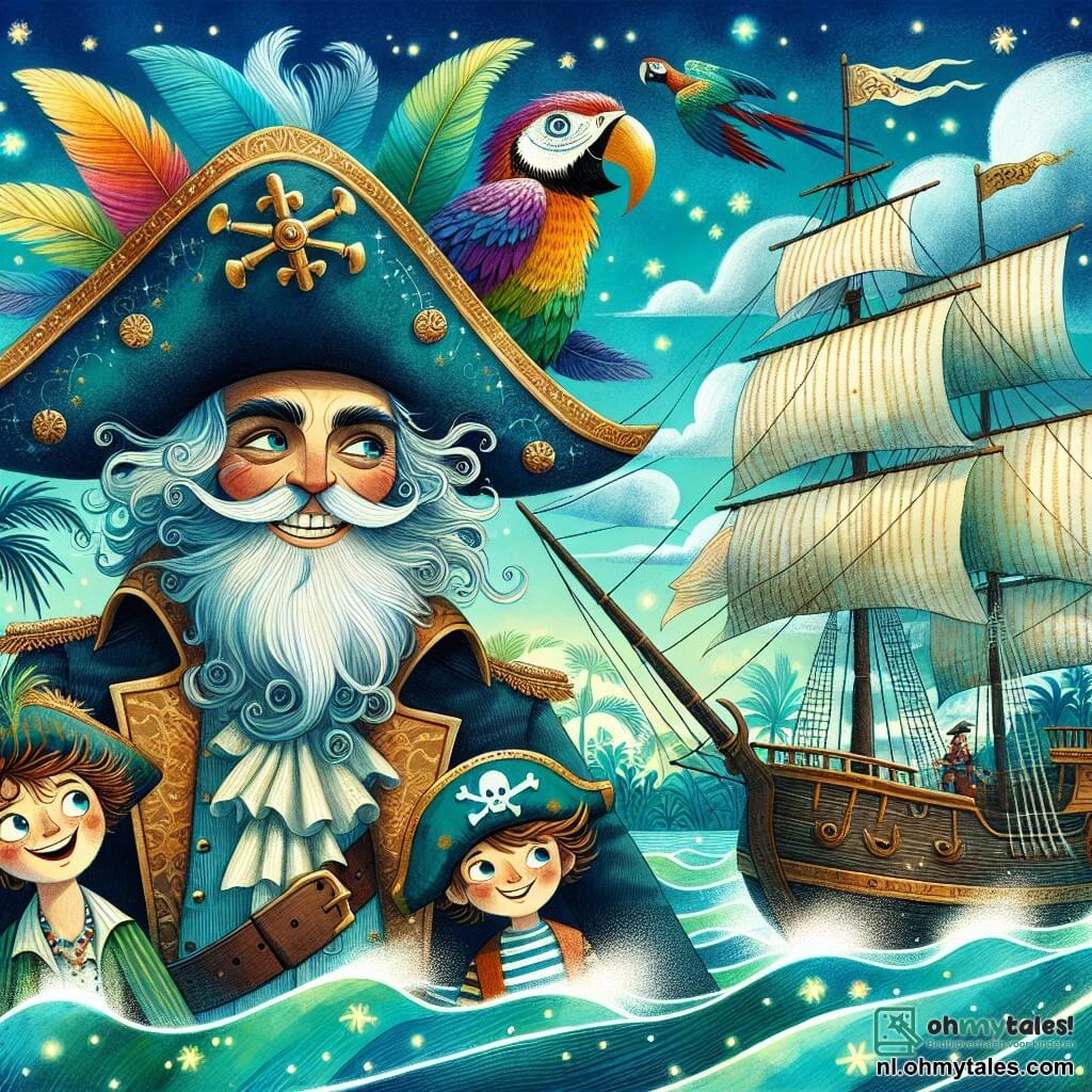 Une illustration destinée aux enfants représentant un intrépide capitaine pirate à la barbe blanche flamboyante, dont les yeux pétillent de malice sous un grand chapeau orné de plumes colorées, naviguant sur son majestueux navire aux voiles dorées, la Zonnige Zeiler, à travers des eaux turquoise scintillantes, entouré de ses fidèles compagnons : une courageuse jeune fille cuisinière au sourire chaleureux, une audacieuse jeune garçon cabin boy aux cheveux en bataille, et une espiègle papegaie aux plumes éclatantes, tous unis dans une quête palpitante pour dénicher un trésor caché sur l'île mystérieuse des Dromendes Dolfijnen, où les palmiers dansent au gré du vent et les fleurs exhalent des parfums envoûtants sous un ciel azur parsemé de nuages cotonneux.