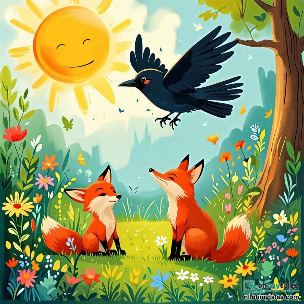 Une illustration sous forme de dessin destinée aux enfants représentant une clairière ensoleillée au cœur d'une forêt verdoyante, où un corbeau aux plumes noires brillantes et au regard malicieux vole au-dessus d'un petit renard au pelage roux, assis sur l'herbe, l'air inquiet et perdu, tandis que des fleurs colorées entourent la scène, illustrant le moment où le corbeau propose son aide au renard pour retrouver son chemin.