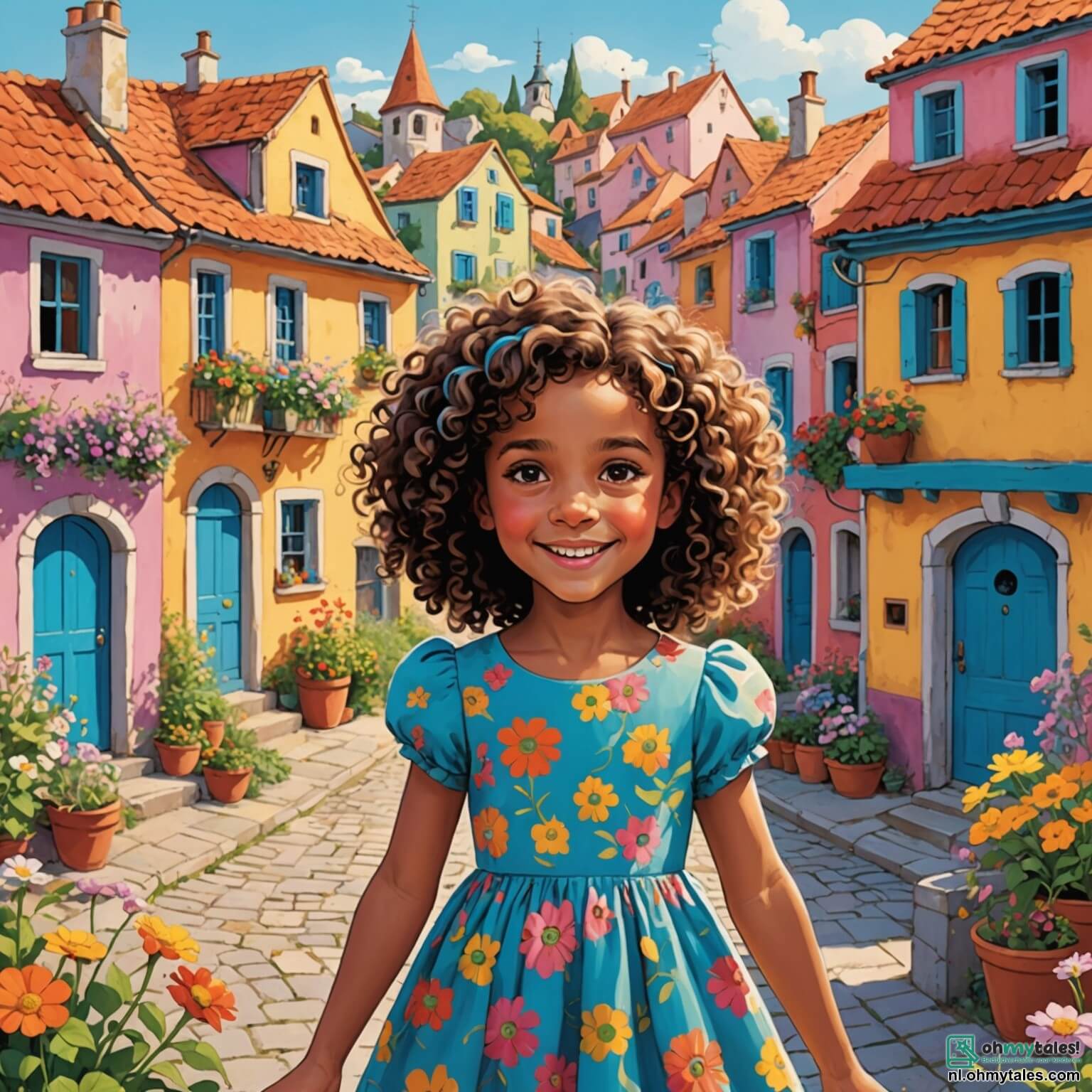 Une illustration destinée aux enfants représentant une jeune fille aux cheveux bouclés et aux yeux pétillants, pleine de curiosité et de joie, se tenant au milieu d'un village coloré aux maisons aux façades pastel, où les jardins débordent de fleurs éclatantes et où les rires des enfants résonnent, alors qu'elle fait la connaissance d'une nouvelle voisine, une femme d'origine lointaine au sourire chaleureux et à la robe vibrante, dans un cadre enchanteur où les arbres dansent au gré du vent et où le soleil brille sur les visages heureux, tout en découvrant ensemble la beauté de leurs différences et en célébrant l'amitié qui naît entre elles.