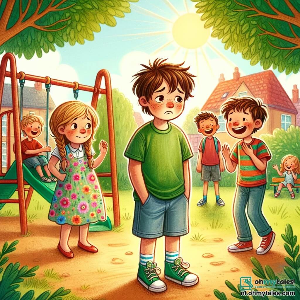 Illustratie van een zonnige schoolplein, met groene bomen en kleurrijke speeltoestellen zoals schommels en een glijbaan. In het midden staat een achtjarig jongetje met rommelig bruin haar, gekleed in een groene t-shirt en een blauwe short, iets op de achtergrond met een bezorgde blik, zijn handen in de zakken van zijn broek. Naast hem kijkt een meisje van zijn leeftijd, met gevlochten blond haar en een bloemenjurk, hem aan met een bemoedigende glimlach, klaar om hem te steunen. Een andere jongen met kastanjebruin haar en een rode t-shirt staat naast hen, lachend en gebarend, wat de klasgenoten vertegenwoordigt die zich met hem lachen. De scène vangt het moment waarop het bezorgde jongetje zich voorbereidt om over zijn gevoelens te praten, terwijl zijn vrienden hem aanmoedigen om moedig te zijn. Op de achtergrond spelen andere kinderen, wat een sfeer van kameraadschap en steun creëert, in contrast met de angst van het jongetje.