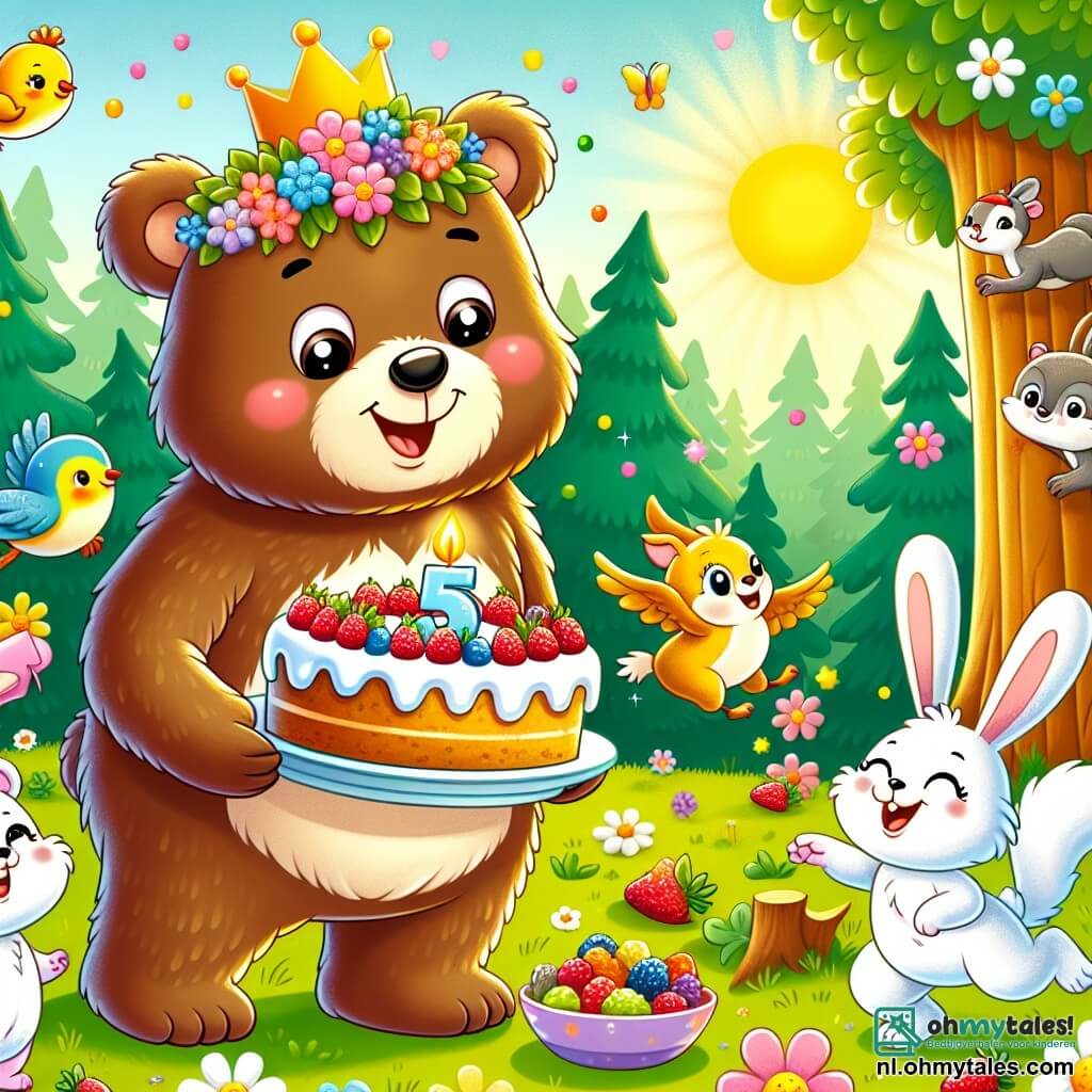 Une illustration sous forme de dessin destinée aux enfants représentant une clairière ensoleillée au bord d'une forêt, où un grand ours brun aux yeux pétillants et au sourire chaleureux, portant une couronne de fleurs, est en train de couper une délicieuse tarte aux baies, entouré de ses amis : une petite écureuil au pelage doré qui danse joyeusement et un lapin aux grandes oreilles blanches qui rit en tenant une assiette pleine de friandises, tandis que des oiseaux colorés chantent et que des fleurs éclatantes ajoutent de la magie à cette fête d'anniversaire animée.