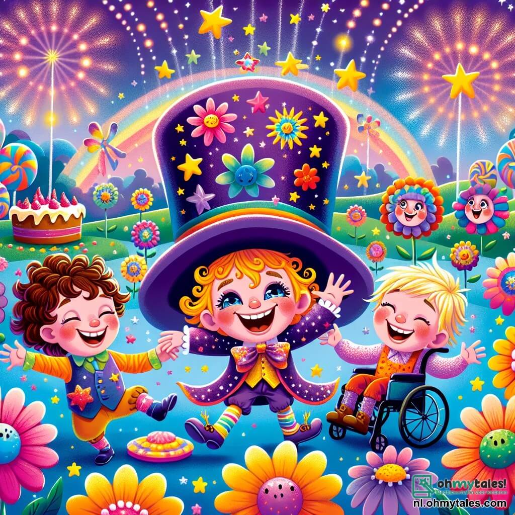 Illustratie van een magische scène in een kleurrijk veld, waar bloemen dansen en zingen onder een paarse lucht vol fonkelende sterren. In het midden staat een jongen van ongeveer 8 jaar met krullend haar en een stralende glimlach, die een grote sprankelende multicolore pet draagt, versierd met sterren en zonnestralen. Naast hem lacht een andere jongen van 7 jaar met blond haar en sprankelende ogen luidop, terwijl een derde jongen van 9 jaar in een rolstoel zijn armen in de lucht steekt, stralend van vreugde. De drie dansen rond een grote blauwe olifant, gekleed in een elegante das en een hoge hoed, die leuke danspassen uitvoert op een podium van kleurrijke snoepjes. Op de achtergrond bewegen bloemen met lachende gezichten en vibrerende bloemblaadjes op de muziek, terwijl een enorme dansende taart klaar lijkt om een pirouette te maken. De sfeer is vrolijk en vol magie, met lichtflitsen en heldere kleuren die een betoverend feest oproepen.