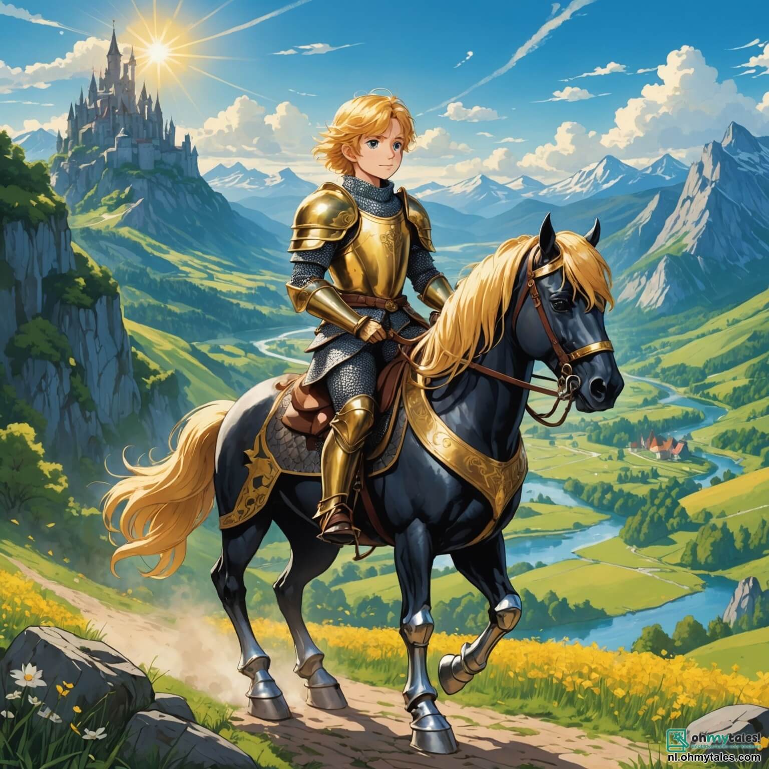 Une illustration destinée aux enfants représentant un chevalier courageux, un garçon aux cheveux dorés et aux yeux pétillants, vêtu d'une armure étincelante qui brille sous le soleil, chevauchant un magnifique destrier noir nommé Bliksem, alors qu'il se lance dans une quête palpitante pour découvrir une légendaire trésor caché au cœur des majestueuses Gouden Bergen, où des montagnes dorées se dressent majestueusement sous un ciel azur, entourées de forêts verdoyantes et de rivières scintillantes, tout en étant accompagné d'une sage vieille femme au visage ridé et aux yeux malicieux, qui lui prodigue des conseils précieux sur les dangers de la quête et les mystères de la grotte enchantée où se cache la précieuse récompense.
