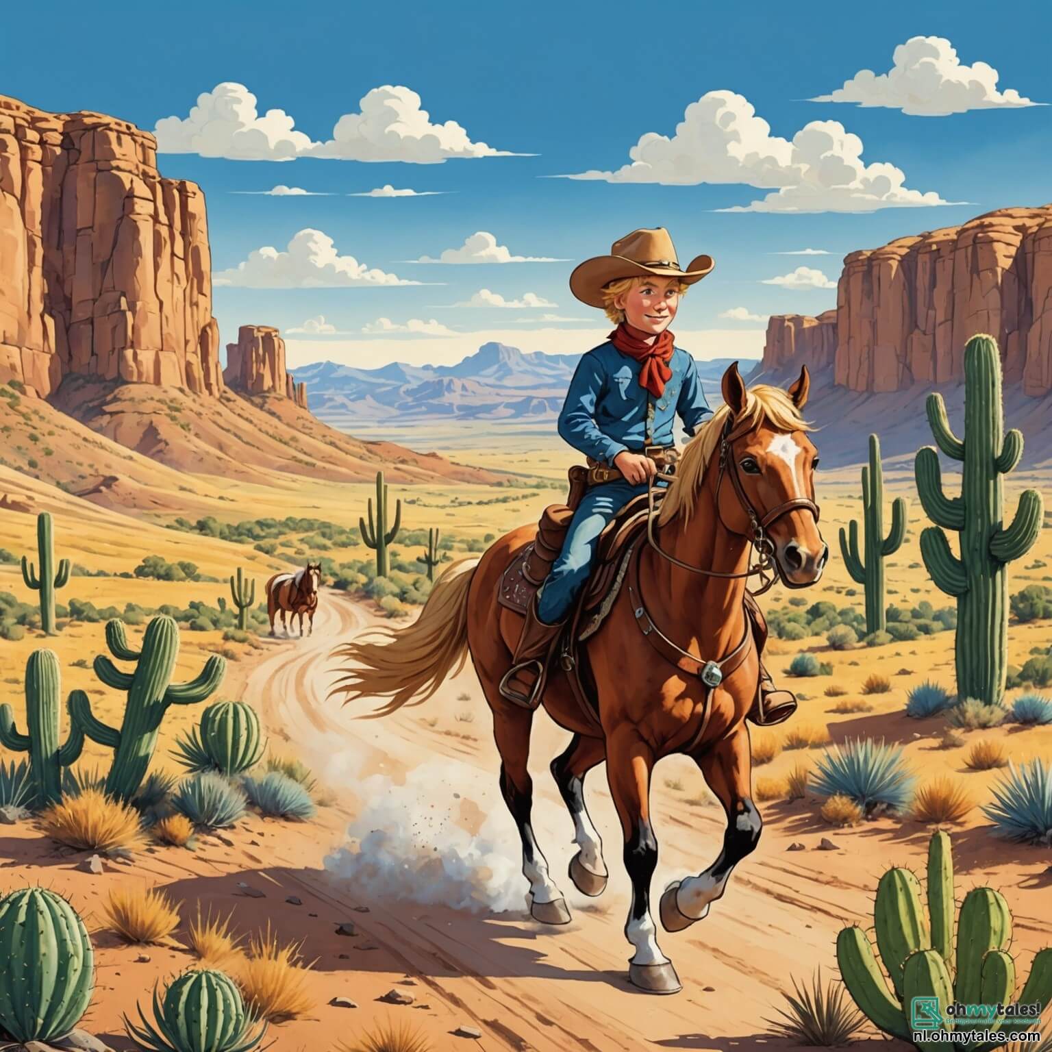Une illustration destinée aux enfants représentant un jeune cowboy intrépide, un garçon à la chevelure dorée et aux yeux pétillants de curiosité, chevauchant sa fidèle pony brune aux taches blanches, alors qu'ils s'aventurent dans les vastes prairies dorées du Wilde Westen, parsemées de cactus majestueux et de collines ondulantes sous un ciel bleu éclatant, à la recherche d'une mystérieuse carte au trésor, tout en évitant les bandits rusés, des hommes à l'allure menaçante, vêtus de cuir noir et de chapeaux larges, qui complotent dans l'ombre des grands pins verts du dennenbos, où le chant des oiseaux se mêle au murmure du vent.