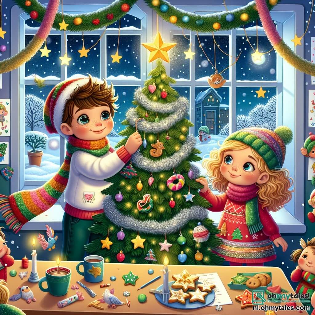 Illustratie van een warme scène in een klaslokaal dat voor Kerstmis is versierd. De muren zijn versierd met kleurrijke slingers en kindertekeningen, terwijl een groot raam zacht winterlicht binnenlaat, met sneeuwvlokken die naar buiten vallen. In het midden van de scène hangt een jongen van ongeveer 8 jaar, met rode wangen en een grote kleurrijke sjaal, een gouden ster aan de top van een prachtig versierde kerstboom. Naast hem staat een meisje van 7 jaar met krullend haar en een stralende glimlach, dat een zilveren slinger vasthoudt die ze om de takken van de boom wikkelt. De hoofdscène toont de kinderen die zich voorbereiden op een groot kerstfeest, vol opwinding en vreugde. Kleine stervormige koekjes en kopjes warme chocolademelk staan op een tafel naast hen, terwijl een kleine magische elf met glinsterende vleugels en een puntige hoed hen met een vriendelijke glimlach gadeslaat, waardoor er een vleugje magie aan de sfeer wordt toegevoegd.