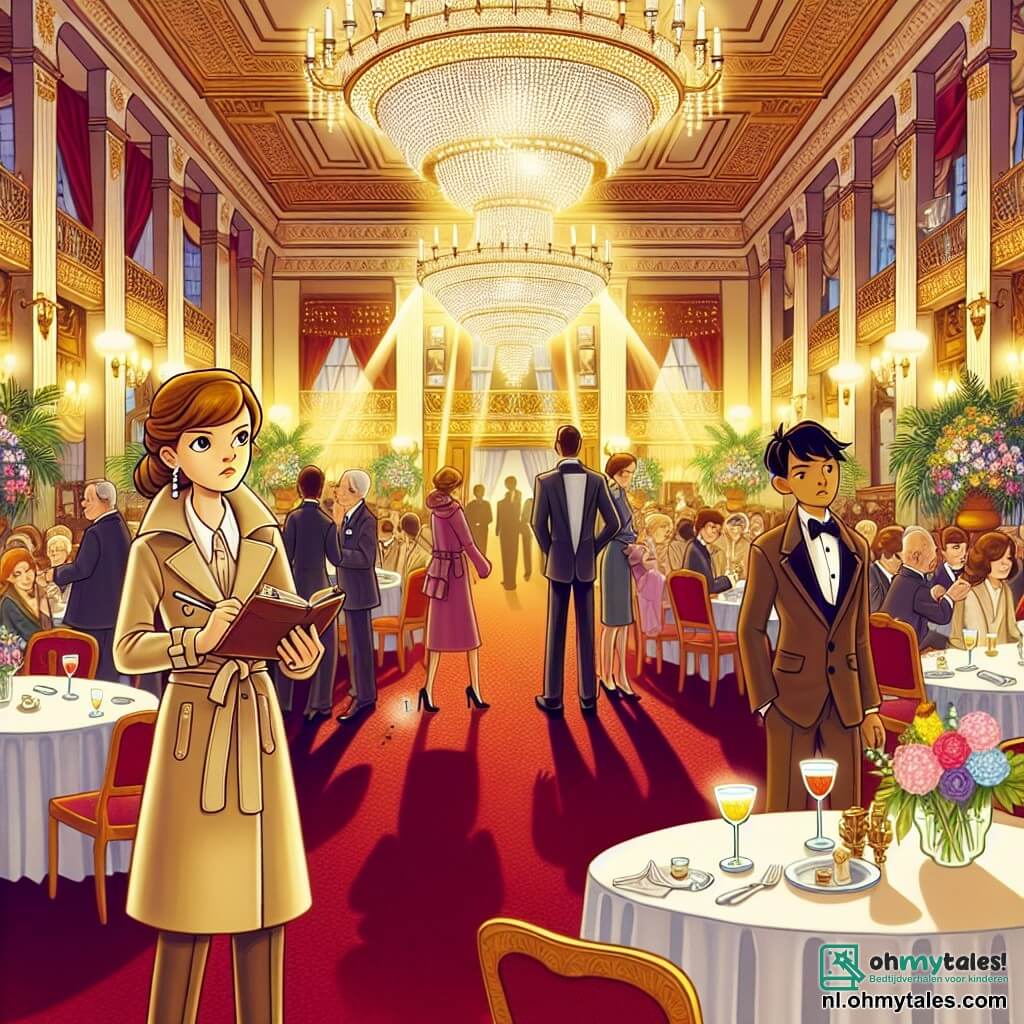 Illustratie van een elegante balzaal in een groot hotel, met muren versierd met goud en schitterende kroonluchters. De vloer is bedekt met een diepe rode tapijt, en de tafels zijn versierd met kleurrijke bloemen en glinsterende glazen. In het midden staat een vrouwelijke detective van dertig jaar met kastanjebruin haar in een nette knot, gekleed in een beige trenchcoat, met een notitieboekje en een pen in de hand, die de ruimte aandachtig observeert met een vastberaden blik. Dichtbij staat een jonge man van ongeveer 20 jaar met rommelig zwart haar in een serveursuniform, die nerveus een dienblad met drankjes vasthoudt, terwijl zijn ogen de menigte afspeuren naar iets ongewoons. De hoofdscène toont de detective die de ober ondervraagt, terwijl er een sfeer van mysterie en spanning in de lucht hangt, met elegant geklede gasten die op de achtergrond met elkaar praten, zich niet bewust van het drama om hen heen. Extra grafische elementen zijn de lichtflitsen van de kroonluchters en de schaduwen op de vloer, wat een intrigerende sfeer creëert.