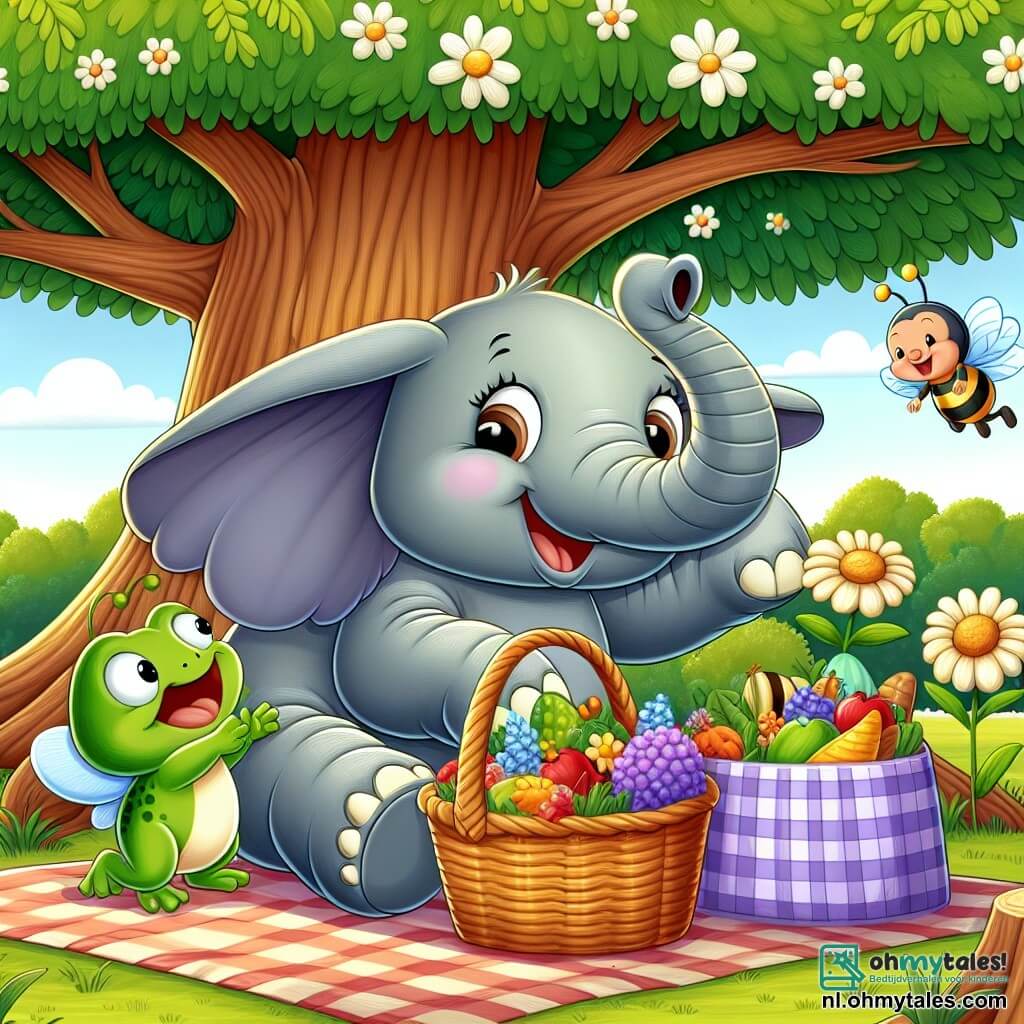 Une illustration sous forme de dessin destinée aux enfants représentant une grande et joyeuse éléphante aux grandes oreilles et à la peau grise, utilisant sa longue trompe pour préparer une délicieuse picknick sous un grand arbre verdoyant, entourée de ses amis : une petite grenouille verte sautillante avec un large sourire et une abeille bourdonnante aux rayures jaunes, tous deux aidant à rassembler des fleurs colorées et des friandises, le tout dans une ambiance ensoleillée et pleine de rires.