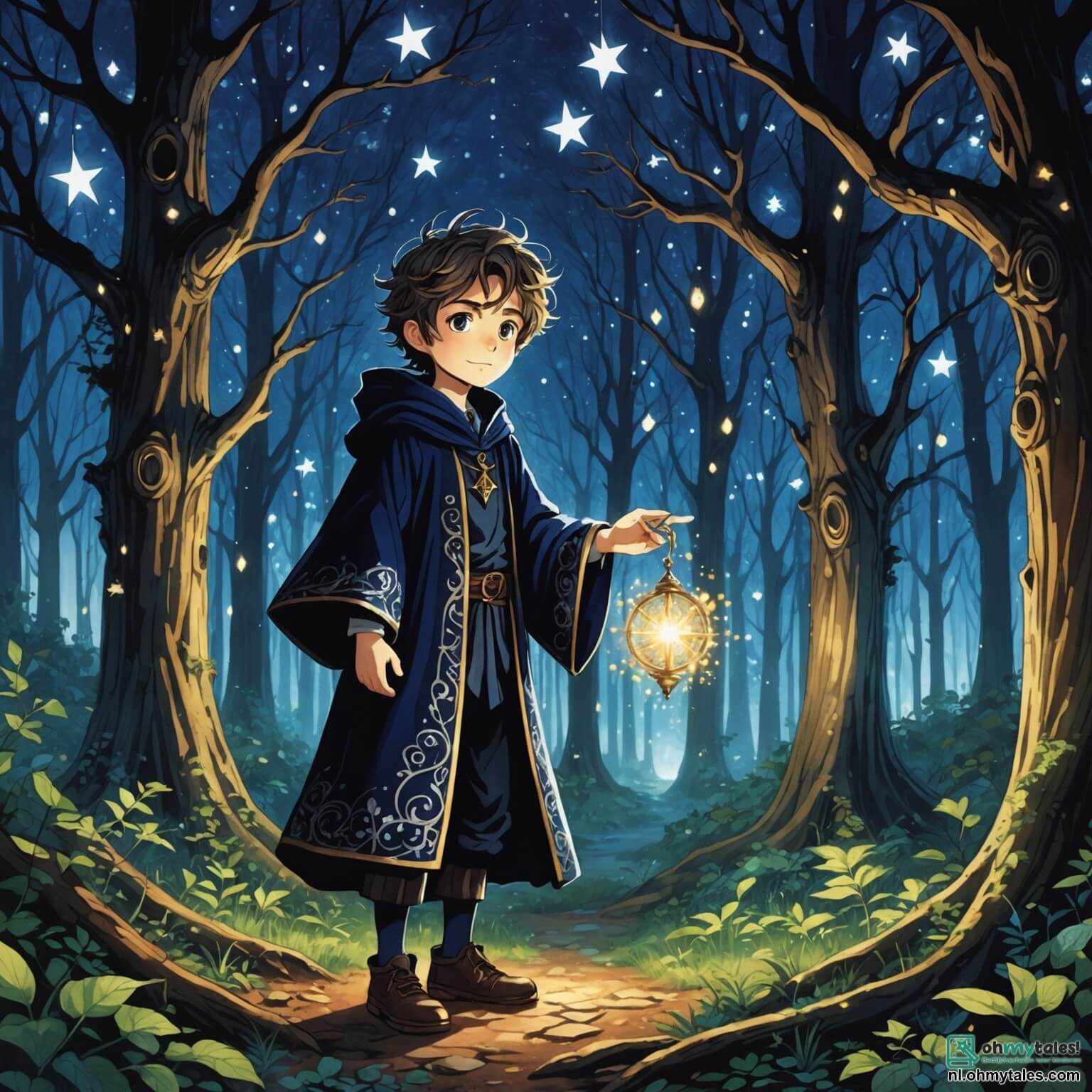 Une illustration destinée aux enfants représentant un jeune apprenti sorcier aux cheveux ébouriffés et aux yeux pétillants de curiosité, vêtu d'une robe en velours bleu nuit ornée de motifs d'étoiles scintillantes, se tenant au centre d'une forêt enchantée où les arbres majestueux aux troncs tordus et aux feuilles luminescentes semblent murmurer des secrets anciens, tandis qu'il tente de maîtriser une formule magique pour sauver son ami, un petit dragon vert aux écailles chatoyantes et aux ailes délicates, qui se cache derrière un buisson de fleurs phosphorescentes, tout en étant observé par une sage chouette aux plumes argentées perchée sur une branche, prête à offrir des conseils dans ce monde féerique où la magie et l'aventure se mêlent à chaque souffle du vent.