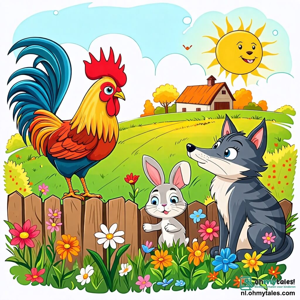 Une illustration sous forme de dessin destinée aux enfants représentant une charmante ferme ensoleillée avec des champs verdoyants en arrière-plan, où un coq aux plumes brillantes et colorées, avec un air déterminé, se tient fièrement sur un muret en criant pour chasser un grand loup aux yeux perçants qui s'approche, tandis qu'un petit lapin aux grandes oreilles et une chatte rusée, tous deux inquiets, se cachent derrière un buisson fleuri, illustrant ainsi le courage et l'amitié face au danger.