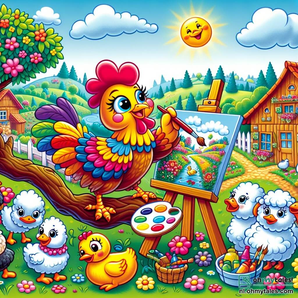 Une illustration sous forme de dessin destinée aux enfants représentant une scène colorée dans le village pittoresque de Klokland, où une poule aux plumes éclatantes de couleurs vives, perchée sur une branche d'arbre, peint avec enthousiasme un paysage magnifique sur une toile, tandis qu'un groupe de curieux animaux, dont un canard aux plumes jaunes et un mouton laineux, l'observe avec émerveillement, tous entourés de fleurs éclatantes et d'un ciel ensoleillé, illustrant la joie de poursuivre ses rêves créatifs.
