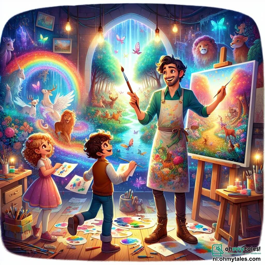 Une illustration sous forme de dessin destinée aux enfants représentant un atelier d'artiste lumineux et coloré, avec des murs couverts de tableaux vibrants, où un homme aux cheveux bouclés et à la barbe soignée, vêtu d'un tablier éclaboussé de peinture, est en train de peindre un magnifique tableau d'un forêt magique, tandis que deux enfants, une fille aux cheveux frisés et un garçon souriant, se tiennent à ses côtés, tenant des pinceaux et des esquisses, captivés par la création d'un monde féerique rempli d'animaux colorés et d'aventures.