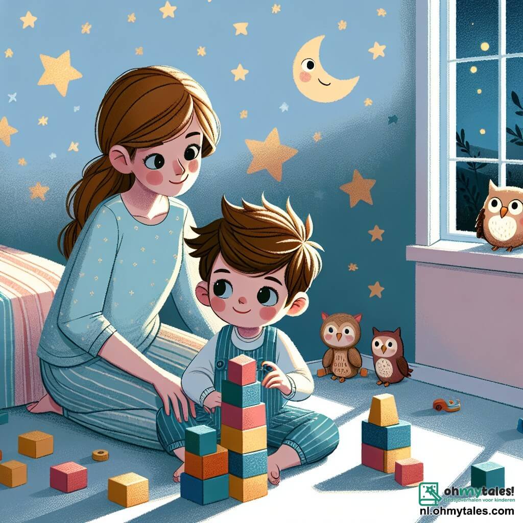 Illustration destinée aux enfants représentant une chambre chaleureuse, avec des murs peints en bleu pastel et des étoiles dorées collées au plafond. Au centre, un petit garçon de 3 ans, aux cheveux bruns en désordre et aux yeux pétillants, est assis sur le sol, entouré de blocs de construction colorés, en train de construire une tour. À côté de lui, sa maman, une femme aux cheveux châtains et aux yeux doux, se penche vers lui avec un sourire rassurant. La lumière douce d'une lampe de chevet éclaire la scène, créant une atmosphère chaleureuse et réconfortante, tandis que des ombres dansent sur les murs, évoquant la magie du noir. Le garçon, un peu inquiet, regarde par la fenêtre où les étoiles brillent dans le ciel nocturne, se remémorant les histoires d'Ollie la chouette, prêt à surmonter sa peur du noir.