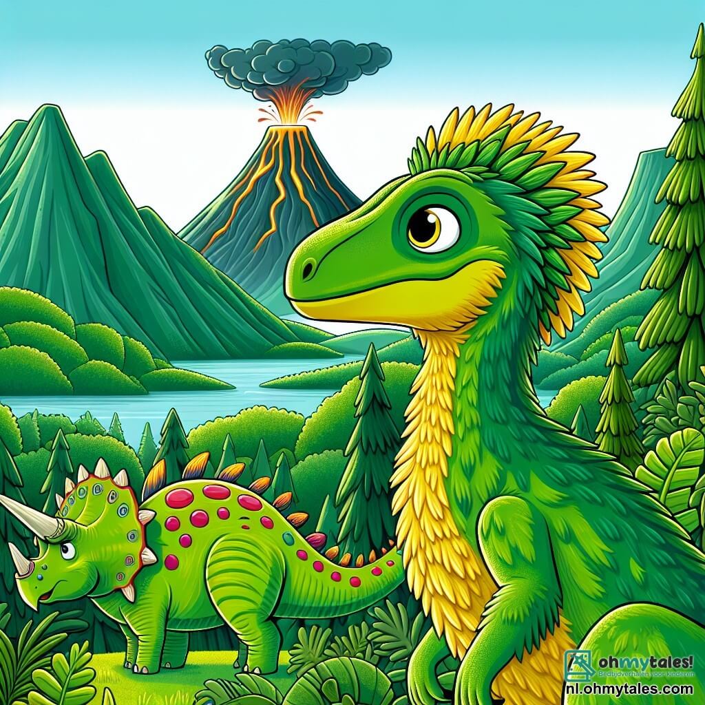 Une illustration sous forme de dessin destinée aux enfants représentant une vallée verdoyante entourée de montagnes majestueuses, où un vélociraptor au plumage vert et jaune, avec des yeux pétillants de curiosité, se tient courageusement au sommet d'une colline, observant une éruption volcanique au loin, tandis qu'à ses côtés, une Triceratops aux cornes imposantes et un Stegosaurus aux plaques dorsales colorées se tiennent prêts à l'aider, tous trois unis dans leur quête pour sauver leurs amis dinosaures d'un danger imminent.