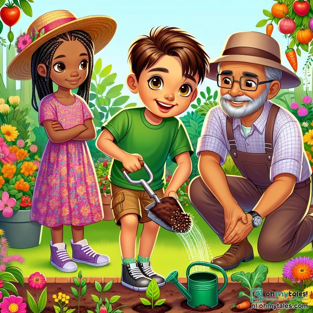 Une illustration sous forme de dessin destinée aux enfants représentant un jardin coloré et vibrant, rempli de fleurs éclatantes et de légumes en pleine croissance, où un garçon de 11 ans aux cheveux châtains et aux yeux pétillants, vêtu d'un t-shirt vert et de shorts, s'active à planter des graines avec enthousiasme, tandis qu'une petite fille aux cheveux blonds tressés, portant une robe à fleurs, l'observe avec un sourire, et un homme d'âge moyen, avec une barbe grisonnante et un chapeau de jardinier, les aide en arrosant les plantes, illustrant ainsi l'importance de la collaboration pour protéger la nature et promouvoir l'écologie.