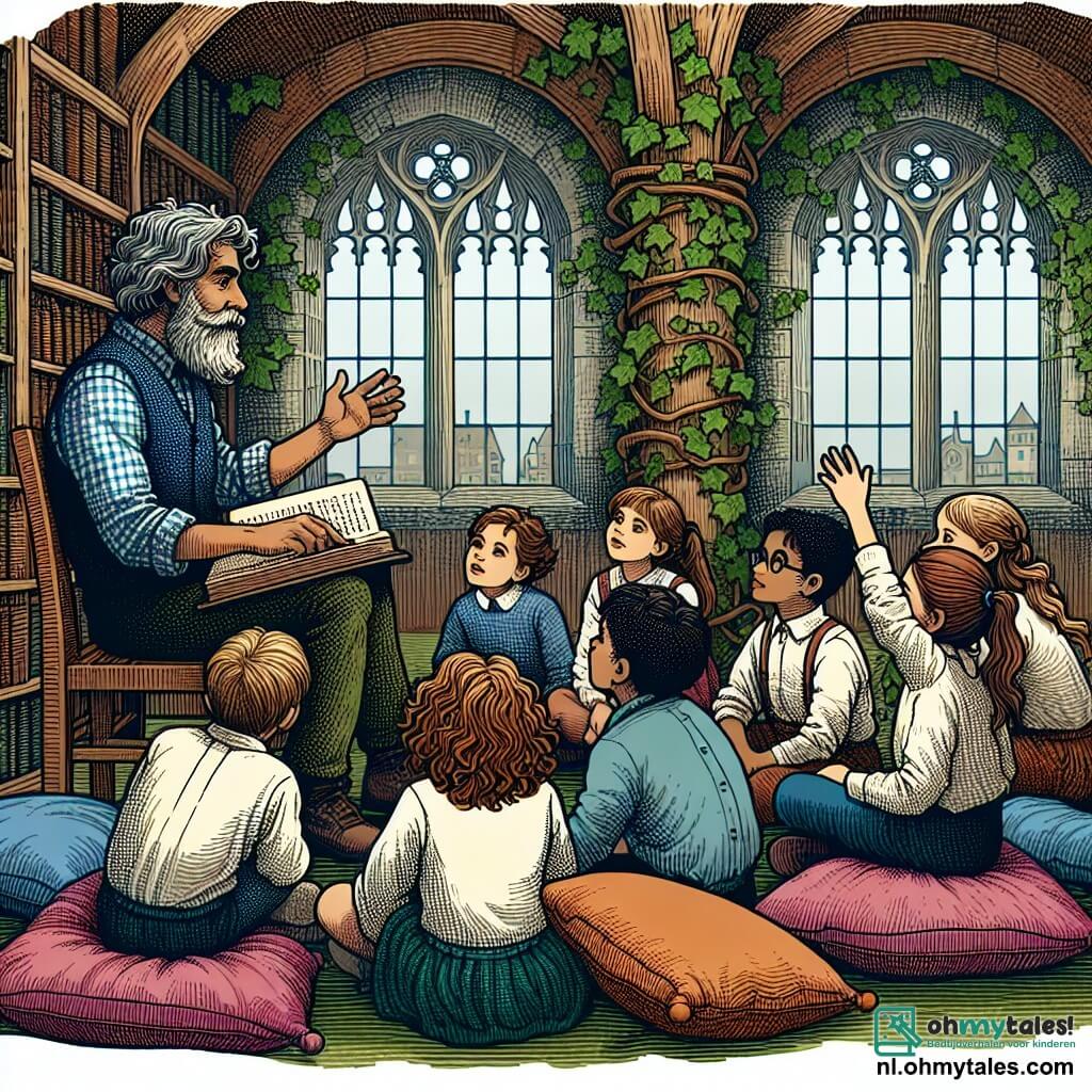 Une illustration sous forme de dessin destinée aux enfants représentant une vieille bibliothèque aux murs couverts de lierre, où un homme à la barbe grise et aux yeux chaleureux, vêtu d'une chemise à carreaux, raconte des histoires aux enfants assis en demi-cercle sur des coussins colorés, parmi eux une fille aux cheveux bouclés qui lève la main pour poser une question, tandis qu'un garçon aux lunettes écoute attentivement, tous captivés par les récits de courage et de paix issus des souvenirs de guerre du narrateur.