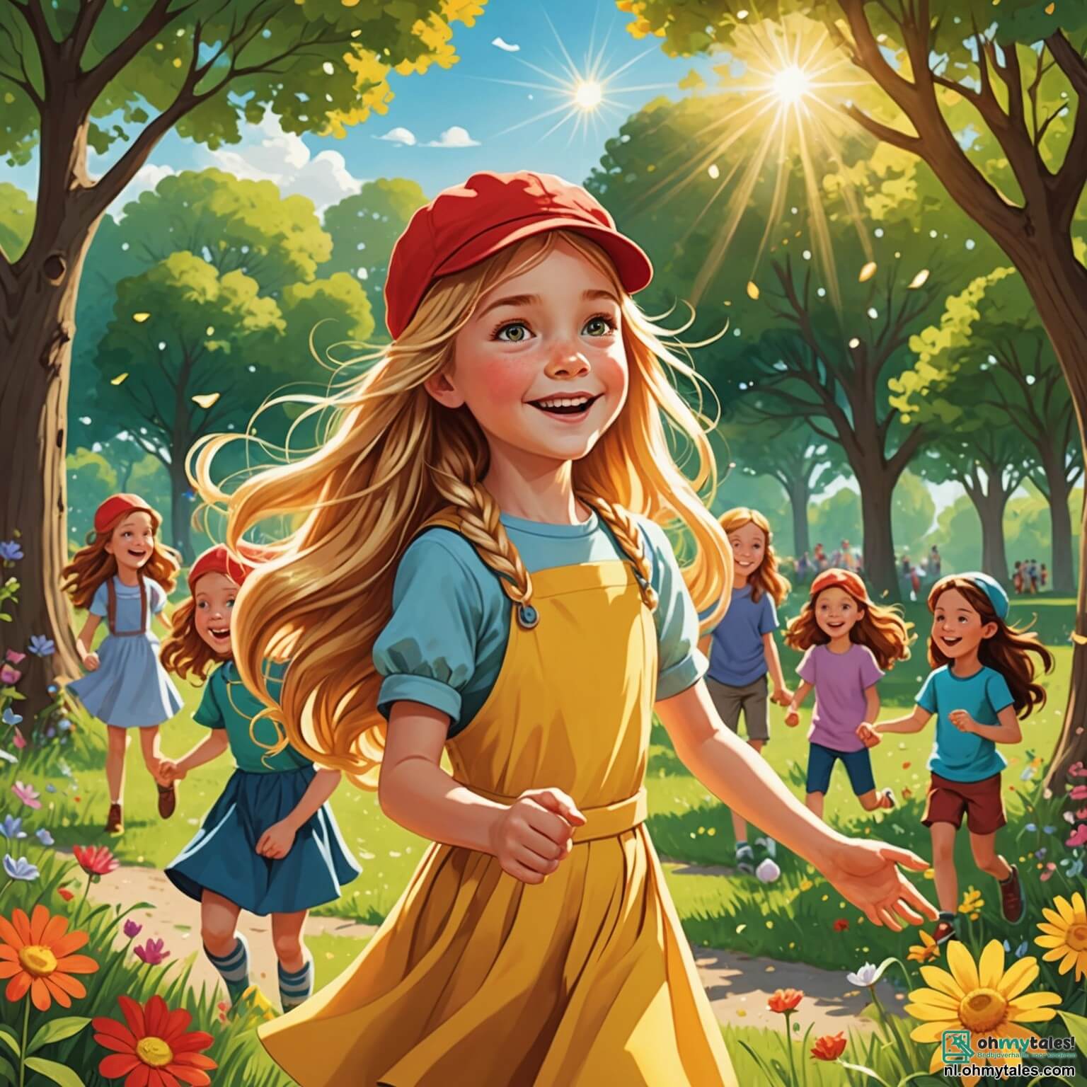 Une illustration destinée aux enfants représentant une jeune fille aux longs cheveux dorés flottant comme des rayons de soleil, avec des yeux pétillants de curiosité, se tenant joyeusement au milieu d'un parc verdoyant, où les fleurs colorées dansent sous la brise légère, entourée de rires d'autres enfants, dont un garçon à la casquette rouge et une fille aux tresses, tous deux partageant des jeux et des rires, tandis qu'un grand chêne majestueux, dont les branches s'étendent comme des bras accueillants, offre de l'ombre et un refuge à leurs aventures d'amitié.