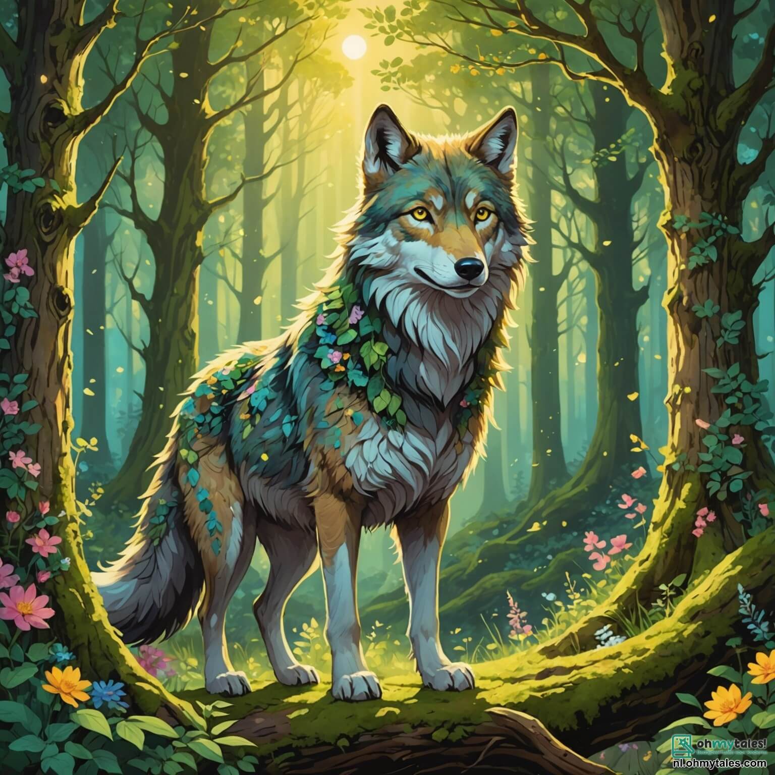 Une illustration destinée aux enfants représentant un majestueux loup à la fourrure éclatante comme la neige, aux yeux pétillants de curiosité et de bonté, se tenant fièrement au cœur d'une forêt enchantée où les arbres aux troncs noueux s'élèvent vers le ciel, leurs feuilles d'un vert éclatant dansent au gré du vent, tandis qu'une douce lumière dorée filtre à travers les branches, illuminant le sol tapissé de fleurs multicolores et de mousses luxuriantes, alors que ce loup courageux, désireux de retrouver les couleurs perdues de son royaume, est accompagné de ses fidèles amis, un écureuil espiègle et une chouette sage, prêts à l'aider dans cette quête magique à travers des rivières tumultueuses et des vallées mystérieuses.