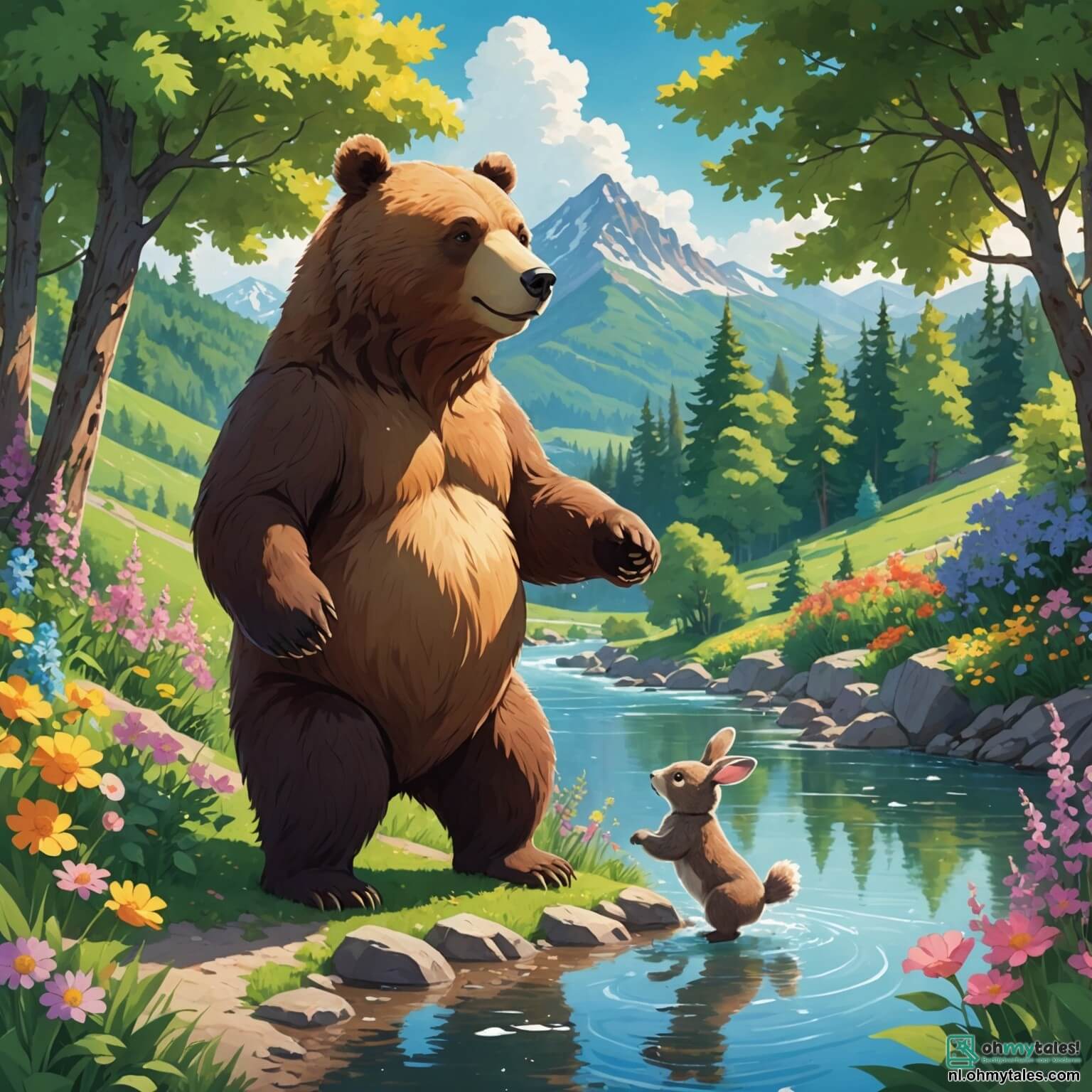 Une illustration destinée aux enfants représentant un grand ours au pelage doux et brun, se tenant fièrement au bord d'une rivière scintillante, entouré de fleurs colorées qui dansent au gré du vent, tandis qu'il regarde avec curiosité son amie, une petite lapine aux grandes oreilles, qui lui propose de partir à l'aventure pour grimper une haute colline verdoyante, où les oiseaux chantent et les rayons du soleil filtrent à travers les feuillages des arbres majestueux, créant un tableau enchanteur de lumière et de nature.