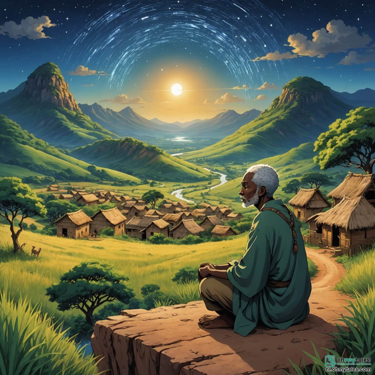 Une illustration destinée aux enfants représentant un homme au cœur vaillant, aux yeux pétillants de curiosité et de sagesse, se tenant sous un ciel étoilé au-dessus d'un petit village africain, entouré de collines verdoyantes et de savanes dorées, tandis qu'il se lance dans une quête magique pour découvrir les secrets de la nature, guidé par un vieux sage à la peau ridée et aux cheveux argentés, qui, assis sous un majestueux baobab, lui enseigne la force de la patience et de la connexion avec le monde, tout en écoutant le chant mélodieux d'un oiseau coloré qui vole au-dessus de lui, créant ainsi une scène vibrante de vie et de sagesse dans un paysage où la terre et le ciel semblent se rencontrer dans une danse éternelle.