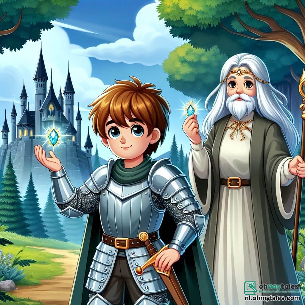 Une illustration sous forme de dessin destinée aux enfants représentant une vaste forêt verdoyante avec un château majestueux en arrière-plan, au centre un jeune chevalier aux cheveux châtains et aux yeux brillants, portant une armure étincelante et brandissant fièrement son épée, tandis qu'à ses côtés se tient une vieille sage femme aux cheveux argentés, vêtue d'une robe simple, qui lui tend une amulette scintillante, le tout dans une atmosphère de mystère et d'aventure, alors qu'ils se préparent à affronter une menace maléfique qui pèse sur leur royaume.