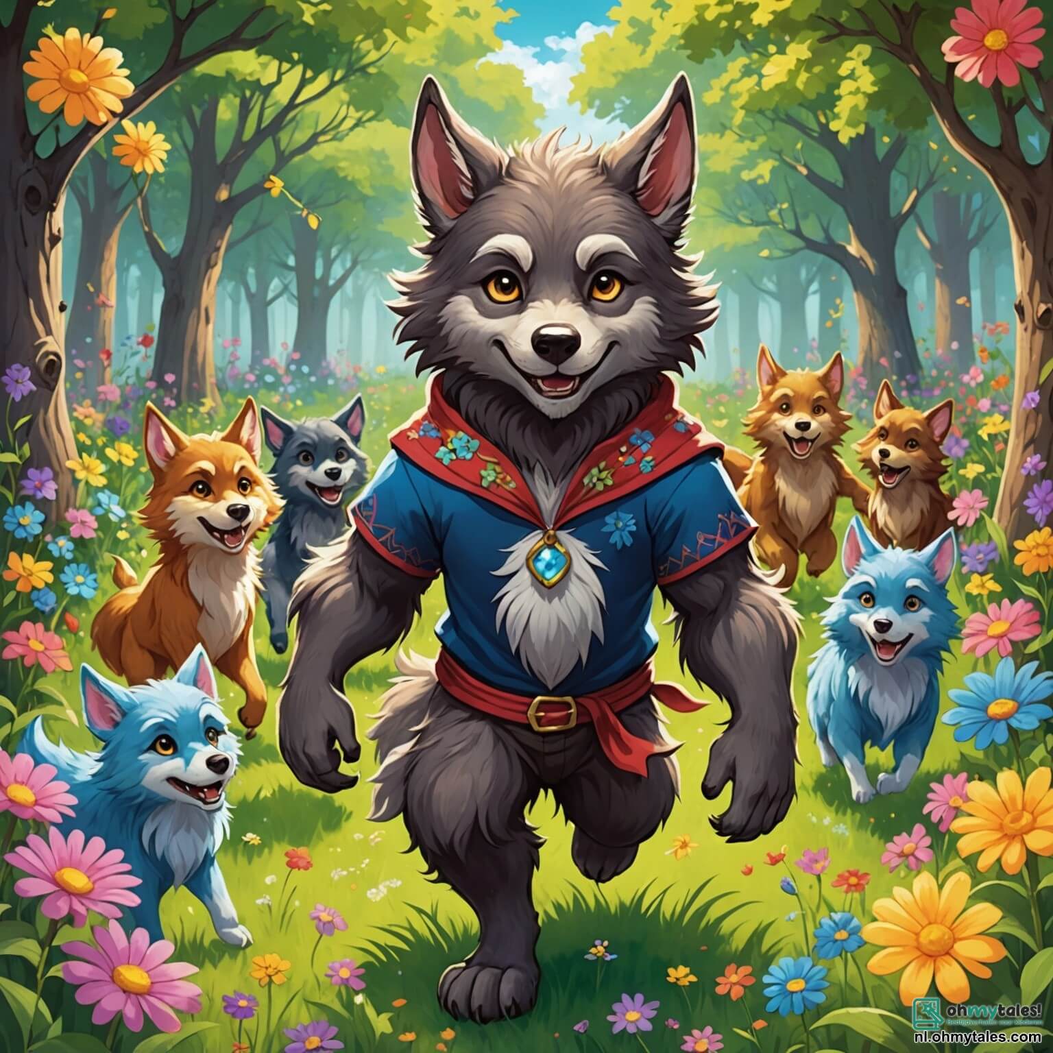 Une illustration destinée aux enfants représentant un loup-garou au pelage doux et duveteux, avec des yeux pétillants de curiosité et un sourire espiègle, se tenant au milieu d'une clairière enchantée, entourée de fleurs multicolores qui dansent au rythme d'une douce brise, tandis qu'un groupe de Knuffelwolven, tous des garçons aux couleurs éclatantes et aux grandes oreilles, s'apprête à lui apprendre l'art de la camaraderie et des jeux joyeux, sous l'ombre d'arbres majestueux aux troncs noueux et aux feuilles scintillantes, où le soleil filtre à travers le feuillage pour créer un tableau féerique de lumière et de bonheur.