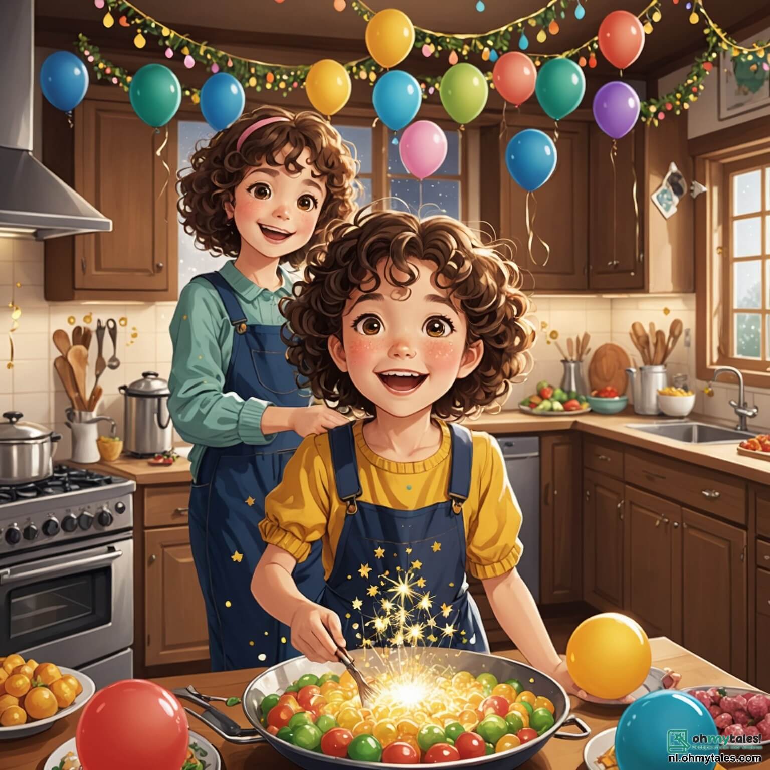 Une illustration destinée aux enfants représentant une petite fille aux cheveux bouclés et pétillants comme des étoiles, débordante d'excitation alors qu'elle se prépare à célébrer la fête du Nouvel An dans une chaleureuse maison décorée de guirlandes scintillantes et de ballons colorés, où sa maman, une femme douce et souriante, et son papa, un homme jovial aux yeux pétillants, s'affairent dans la cuisine embaumée d'odeurs délicieuses d'oliebollen et d'appelflappen, tandis que ses amis, une fille rieuse aux couettes et un garçon espiègle aux lunettes, se joignent à elle pour jouer et danser, tous réunis dans une ambiance festive illuminée par les lumières scintillantes des décorations et le doux crépitement du feu dans la cheminée.