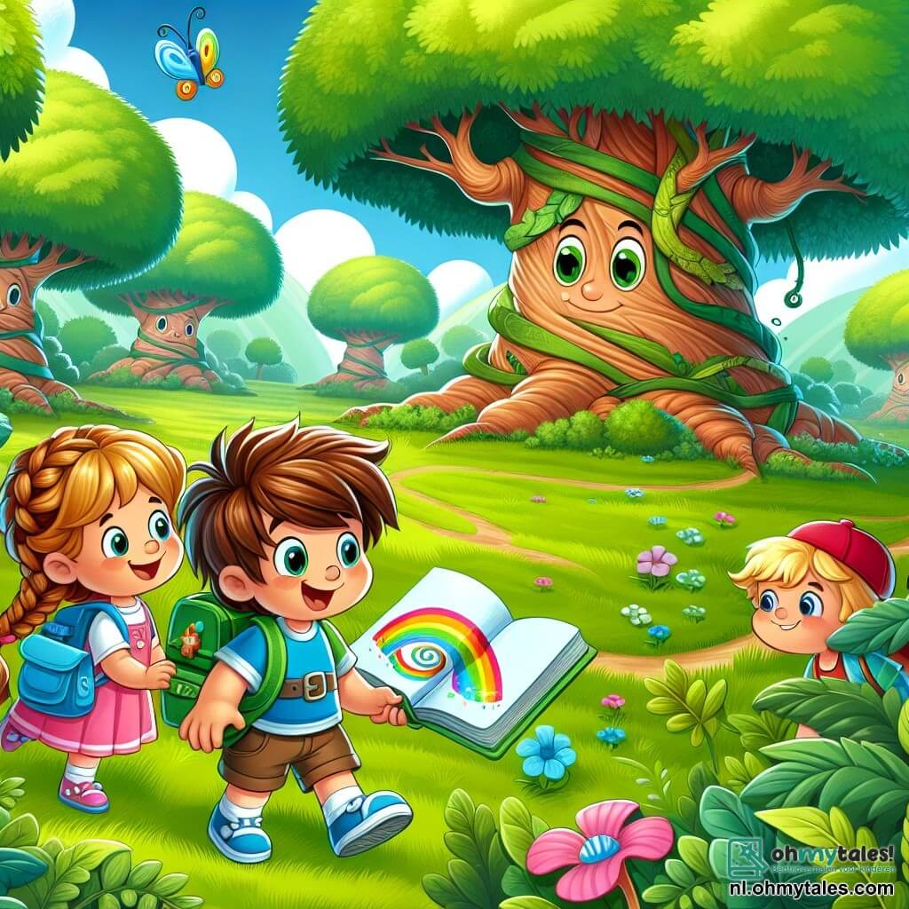 Une illustration sous forme de dessin destinée aux enfants représentant un vaste parc verdoyant avec de gigantesques arbres aux feuilles luxuriantes, où un garçon de 7 ans aux cheveux bruns en bataille, portant un t-shirt bleu et un short, tient un magnifique objet coloré dans ses mains, entouré de ses deux amis : une fille aux cheveux blonds tressés, vêtue d'une robe rose, qui regarde l'objet avec émerveillement, et un garçon à la casquette rouge, souriant et prêt à explorer, alors qu'ils se préparent à vivre une aventure magique ensemble dans un monde enchanté.
