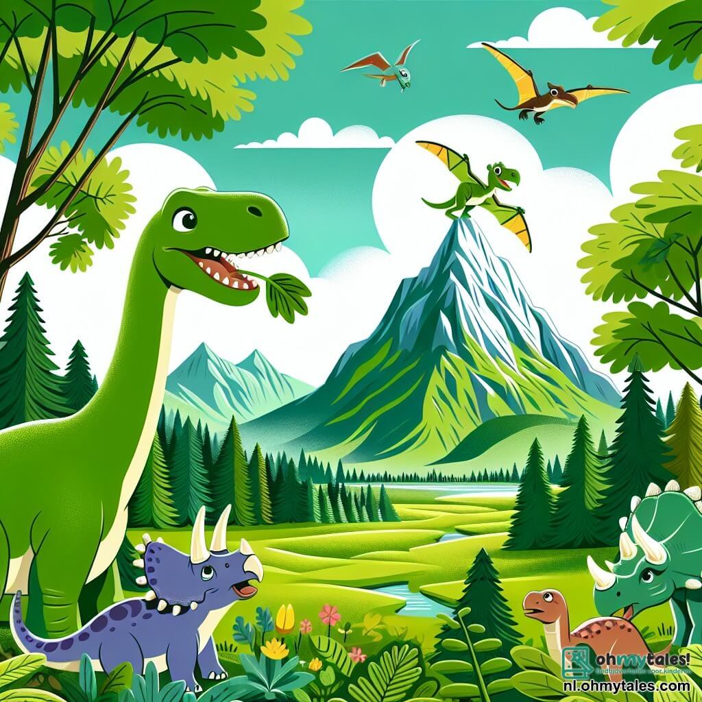 Une illustration sous forme de dessin destinée aux enfants représentant une vaste vallée verdoyante avec des arbres géants et des montagnes en arrière-plan, où un grand diplodocus à la peau verte et aux vaches brunes, se tenant sur ses pattes arrière pour atteindre des feuilles juteuses, est entouré de ses amis : une petite triceratops aux cornes colorées qui l'observe avec curiosité et un pterosaurus aux ailes brillantes qui vole joyeusement au-dessus d'eux, tandis qu'ils partagent un moment d'aventure et d'amitié en contemplant le sommet de la majestueuse Reuzenberg.