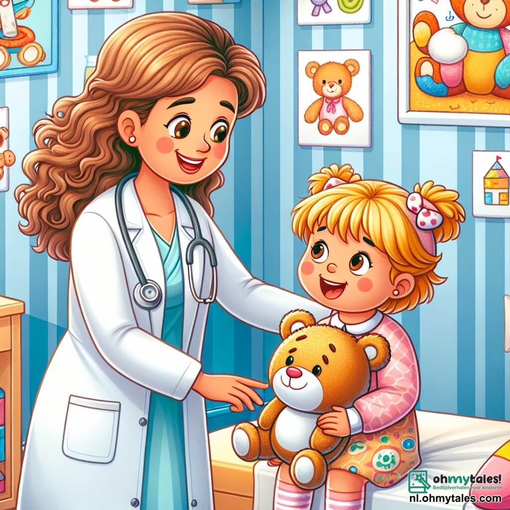 Une illustration sous forme de dessin destinée aux enfants représentant un hôpital coloré avec des murs ornés de dessins joyeux, où une femme médecin souriante aux cheveux bruns et à la blouse blanche examine une petite fille blonde tenant une grande peluche, tandis qu'une infirmière joyeuse aux cheveux bouclés et à la tenue colorée les observe avec bienveillance, capturant le moment où la médecin rassure l'enfant sur son traitement pour sa gorge douloureuse, entourée de jouets et de dessins d'enfants qui apportent une atmosphère chaleureuse et réconfortante.